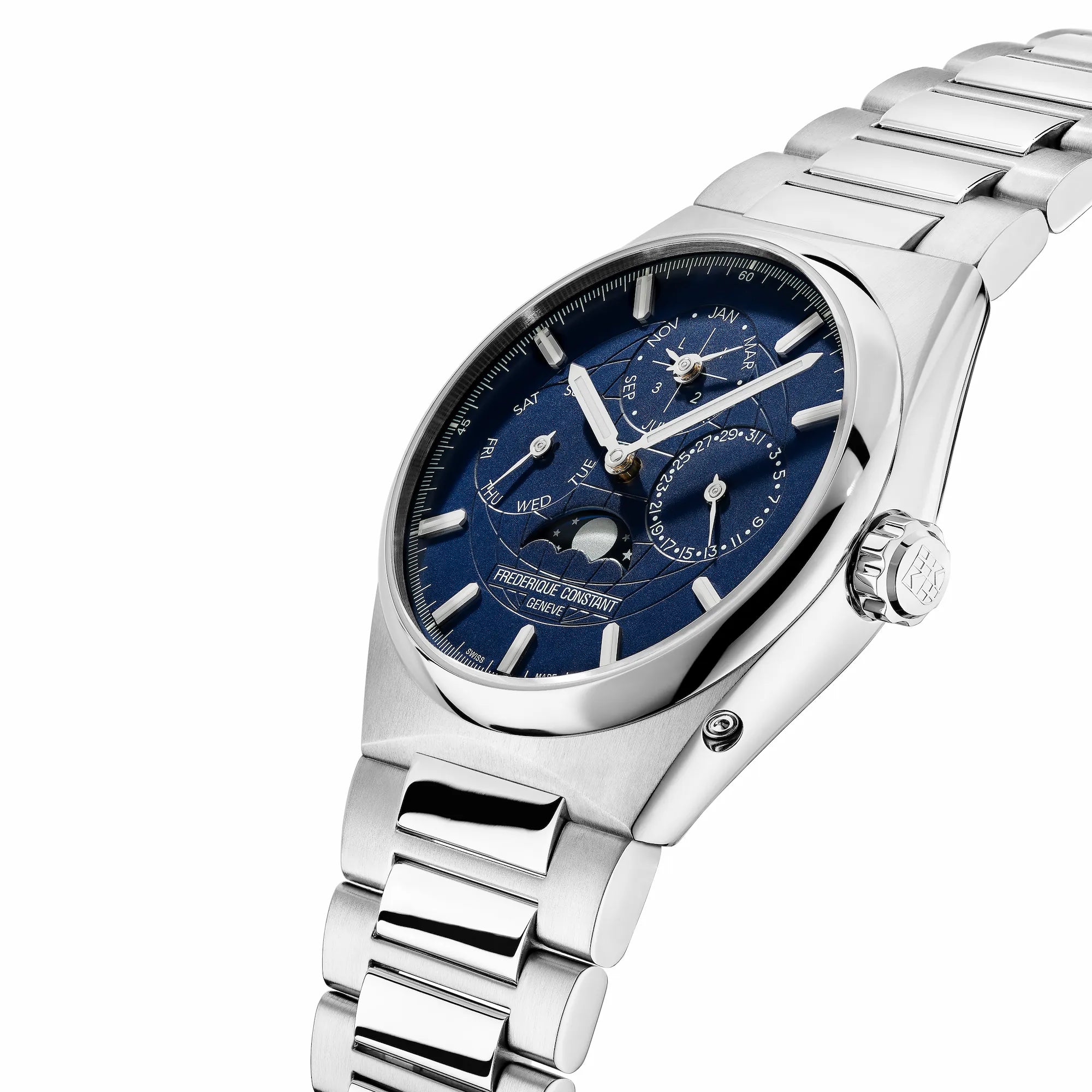 Leicht seitliche Ansicht des ewigen Kalenders mit einem blauen Zifferblatt aus der Highlife Kollektion von Frederique Constant