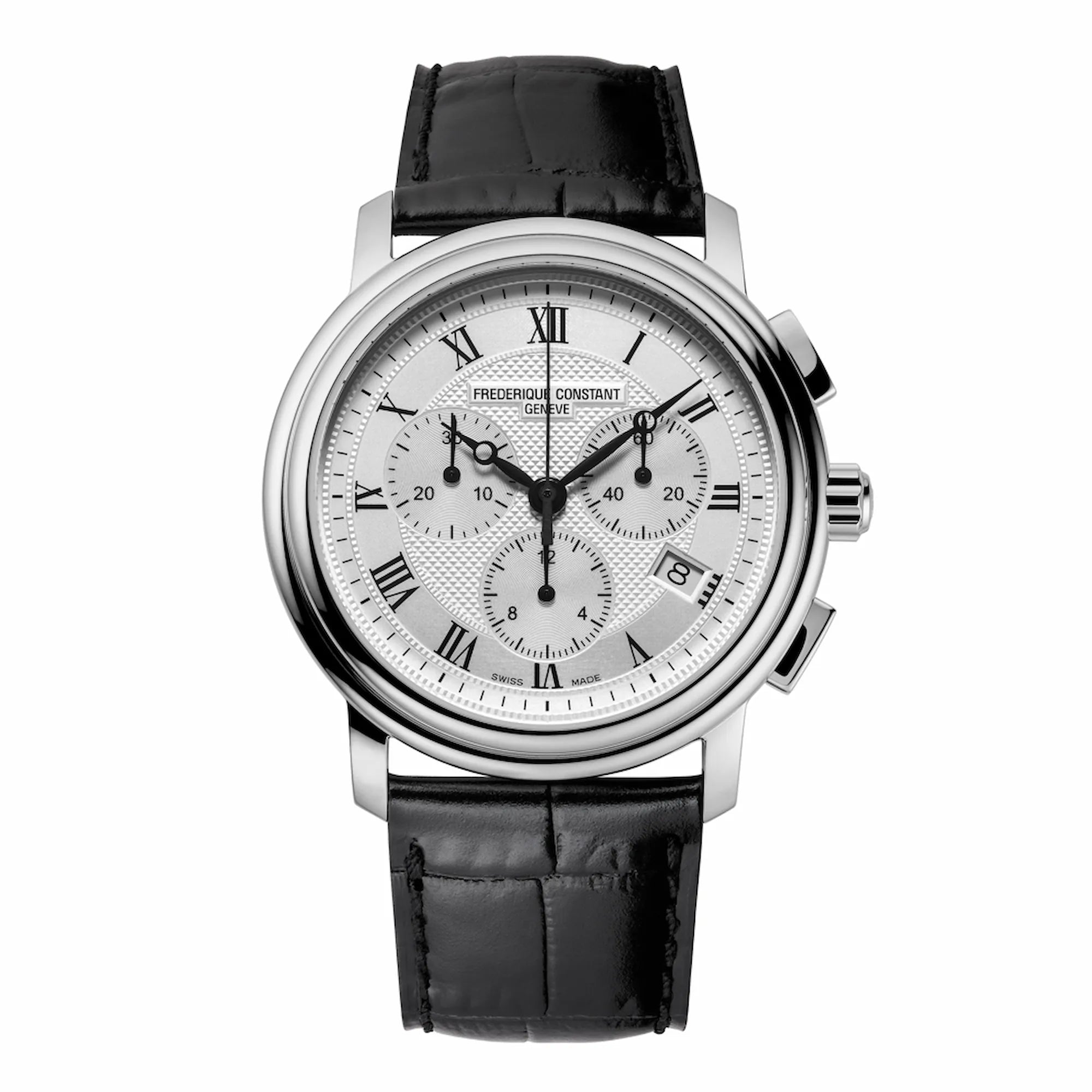 Frontale Ansicht des Quartz-Chronograph von Frederique Constant mit einem silberfarbenen Zifferblatt und an einem schwarzen Lederarmband