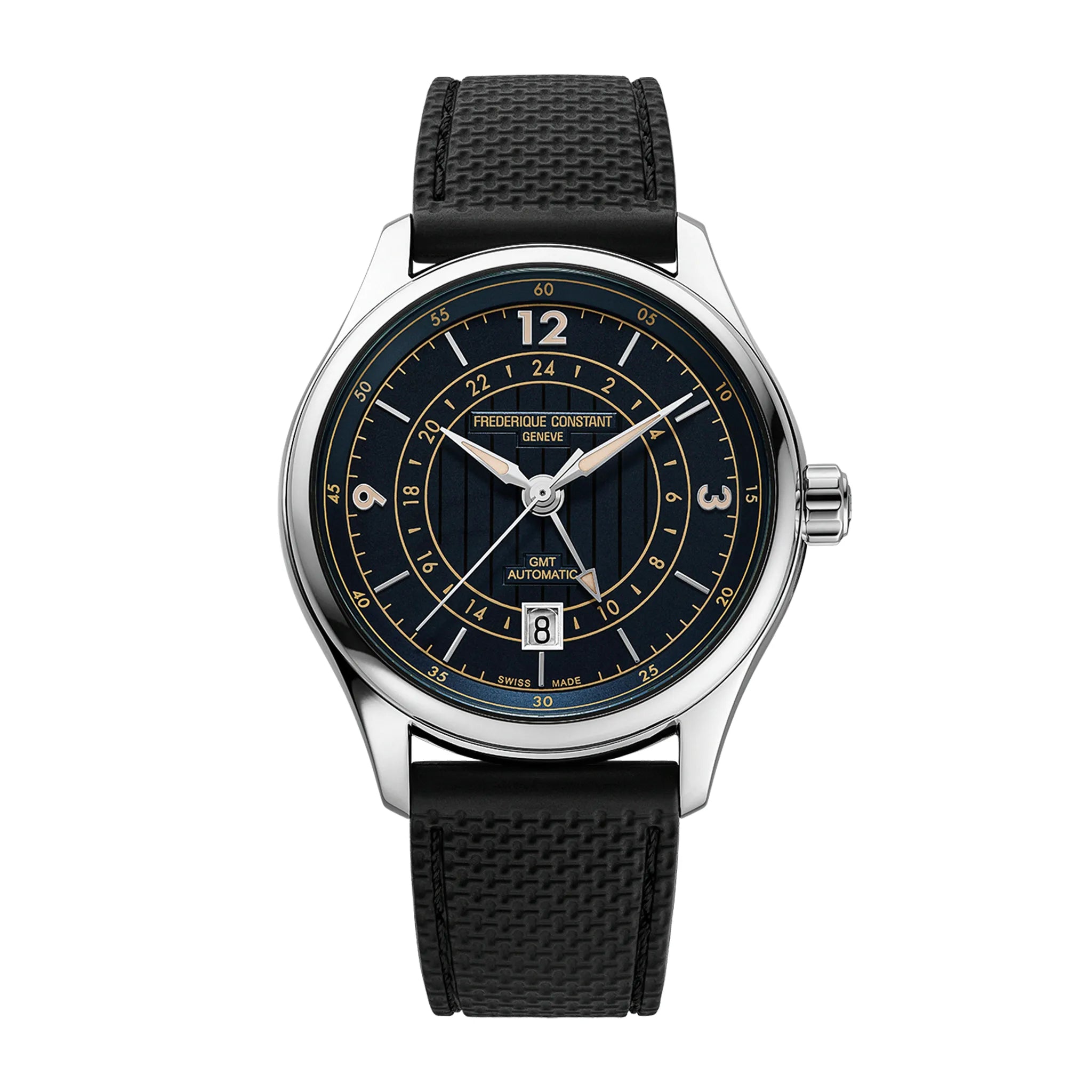 Frontansicht der Frederique Constant Runabout GMT Herrenuhr FC-350RN5B6 mit 42mm Edelstahl-Gehäuse, tiefblauem Zifferblatt mit Indizes im beigen Vintage-Look am schwarzen Kautschuk-Armband