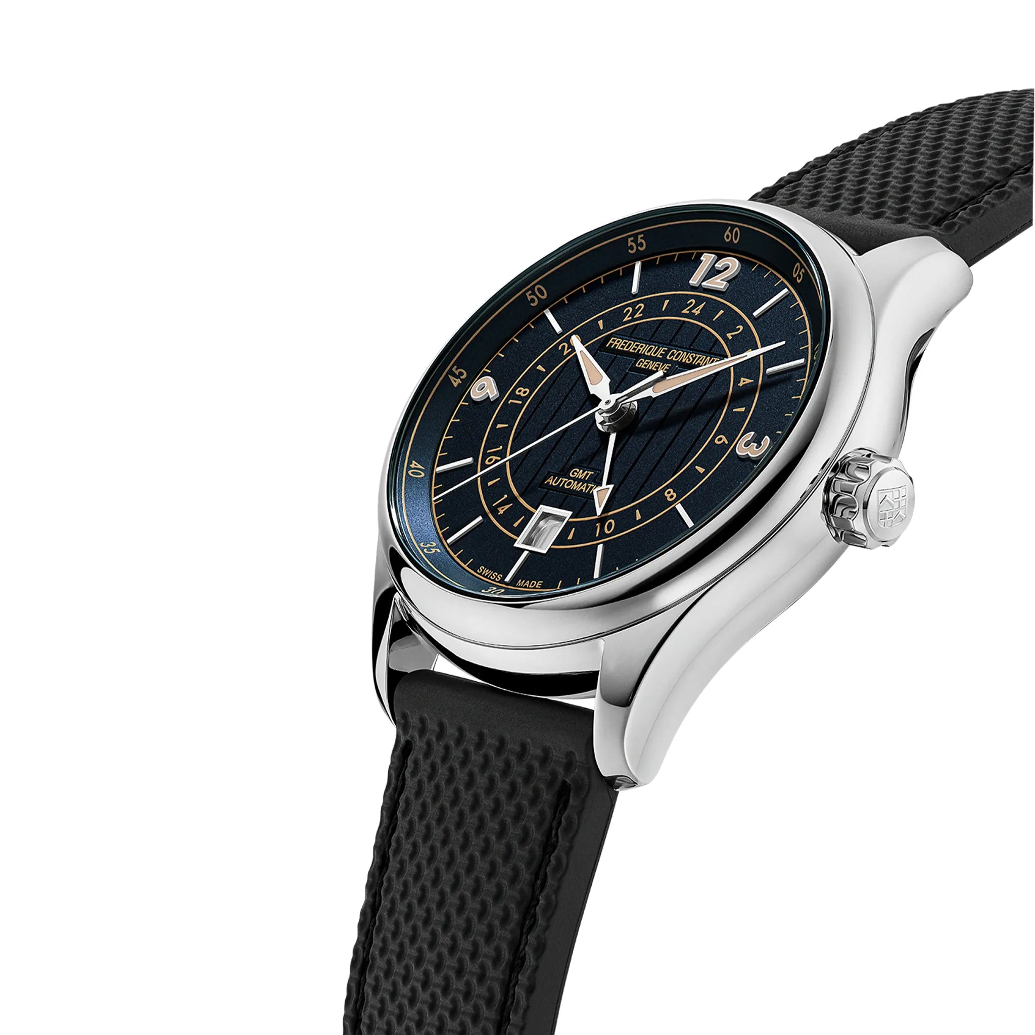 Leicht seitliche Ansicht der Frederique Constant Runabout GMT Herrenuhr FC-350RN5B6 mit 42mm Edelstahl-Gehäuse, tiefblauem Zifferblatt mit Indizes im beigen Vintage-Look am schwarzen Kautschuk-Armband