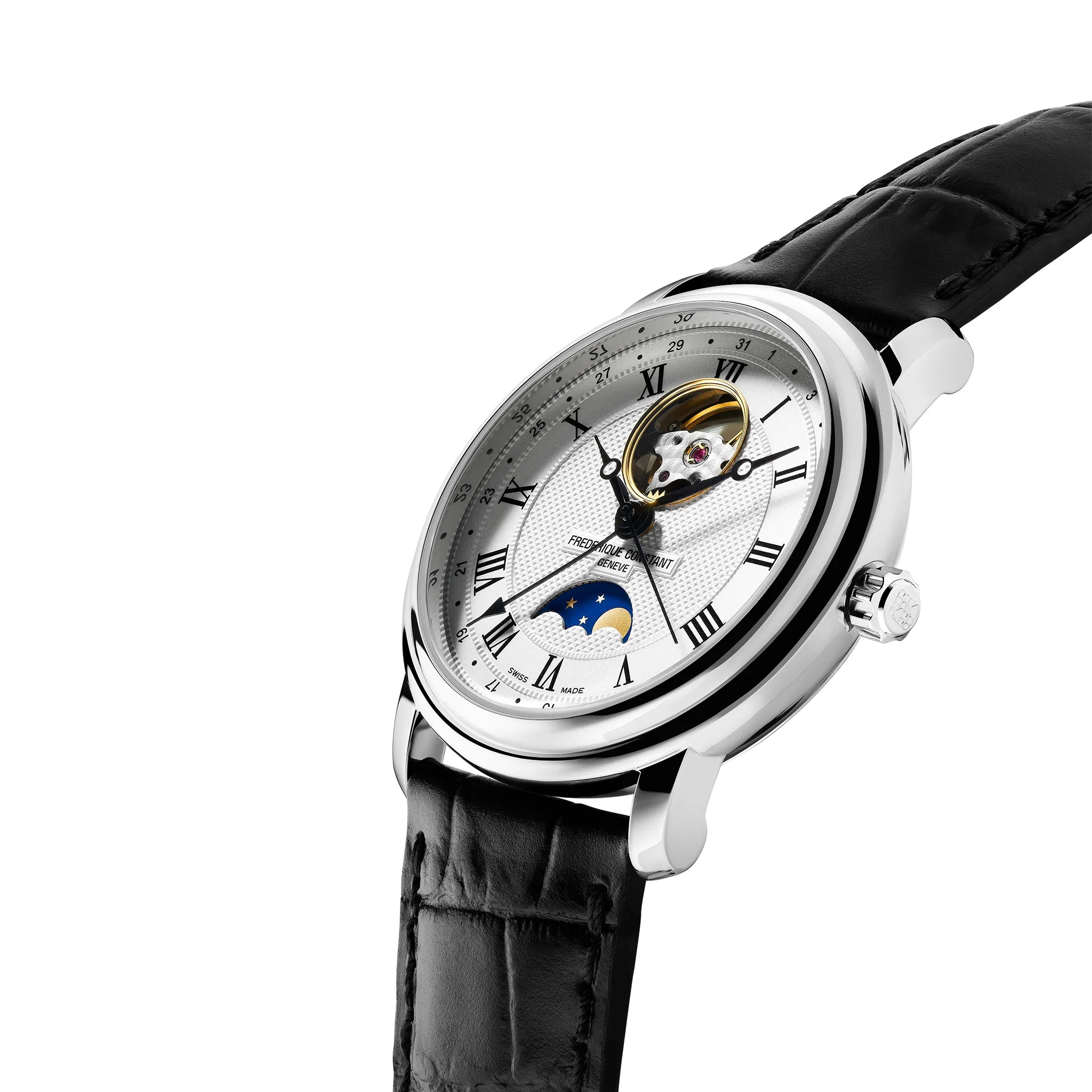 Leicht schräge Ansicht der Heart Beat Moonphase Date Armbanduhr von Frederique Constant aus der Classics Kollektion