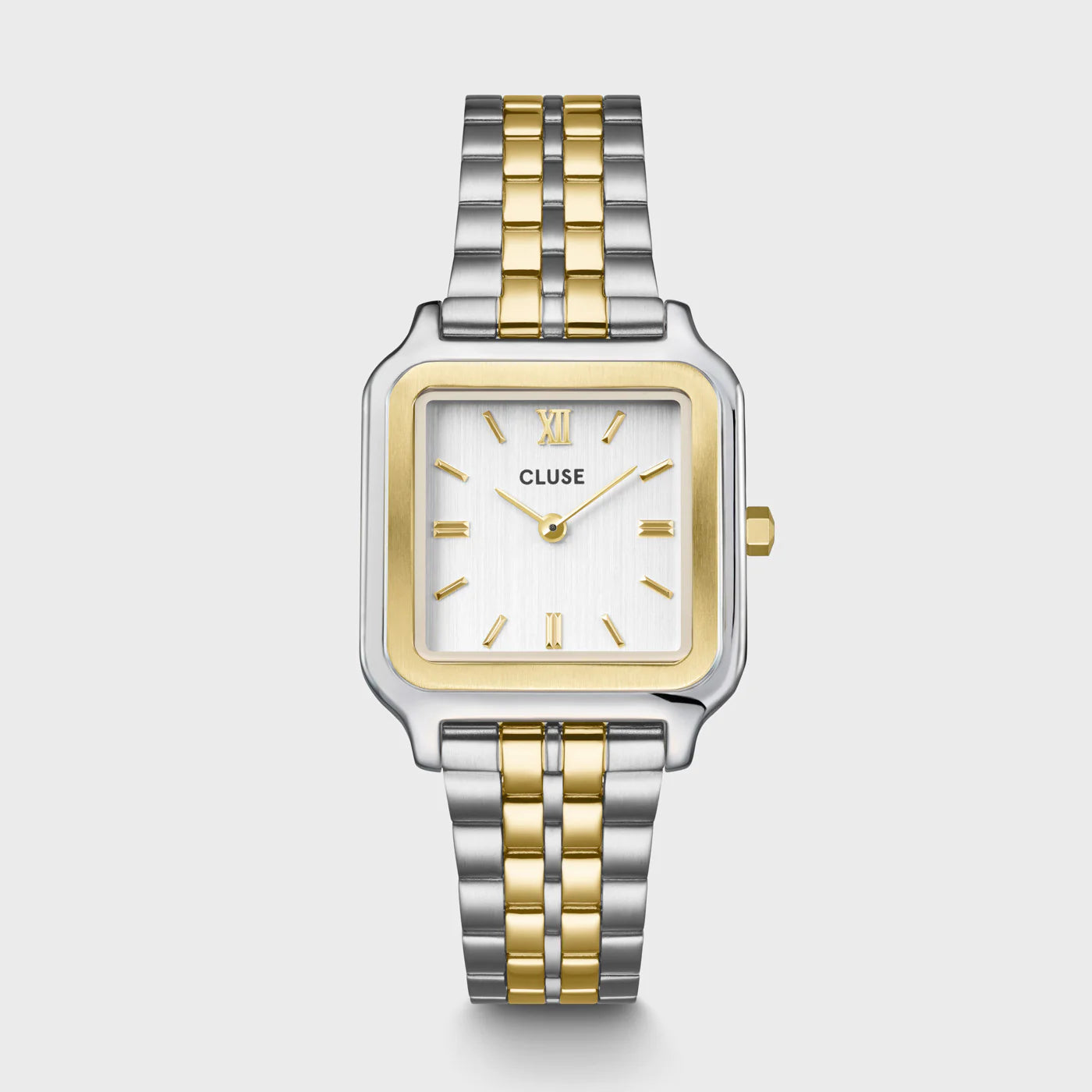 Frontale Ansicht der Cluse Stahl-Uhr "Gracieuse" in Stahl-Gold-Optik (bicolor) mit weißem Zifferblatt