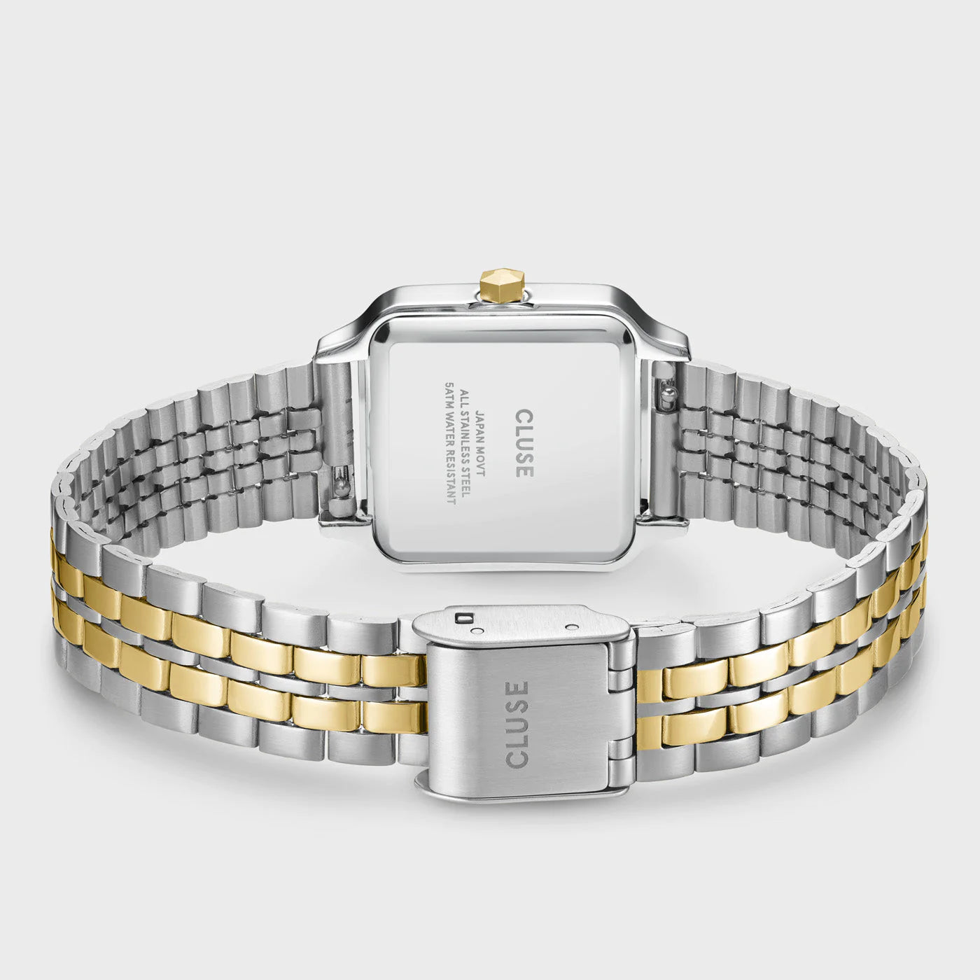 Gehäußeboden und Armband der Cluse Stahl-Uhr "Gracieuse Petite" in Stahl-Gold-Optik (bicolor) mit weißem Zifferblatt
