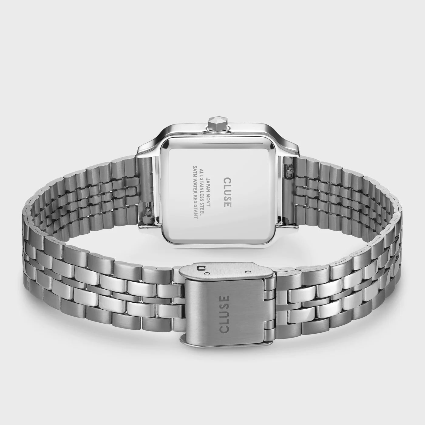 Gehäuseboden und Armband der Frontale Ansicht der Cluse Stahl-Uhr "Gracieuse Petite" mit silberfarbenem Gehäuse und eisblauem Zifferblatt