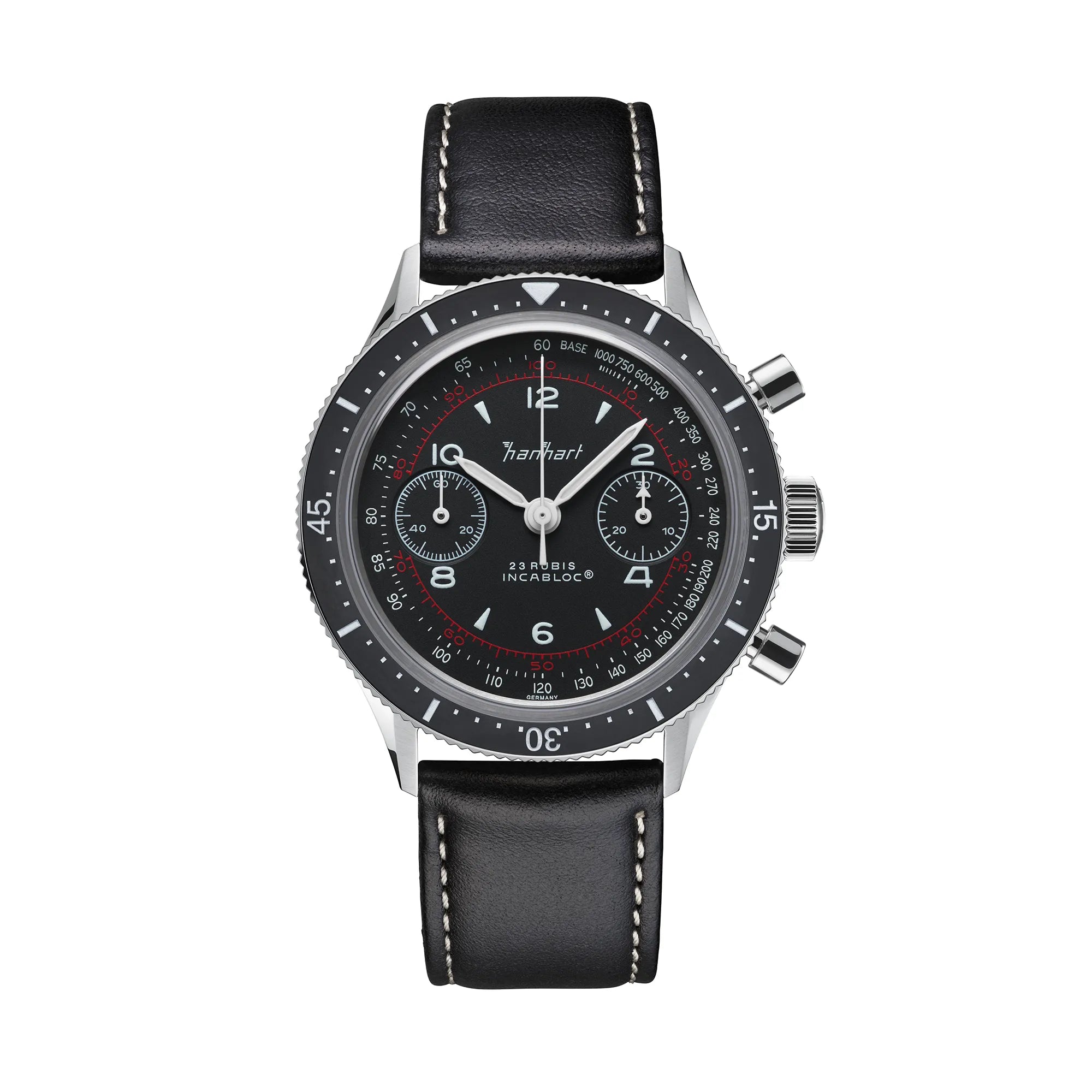 Frontale Ansicht des Hanhart 415 ES Pure Chronographen in Edelstahl mit weißen und roten Details am Lederband