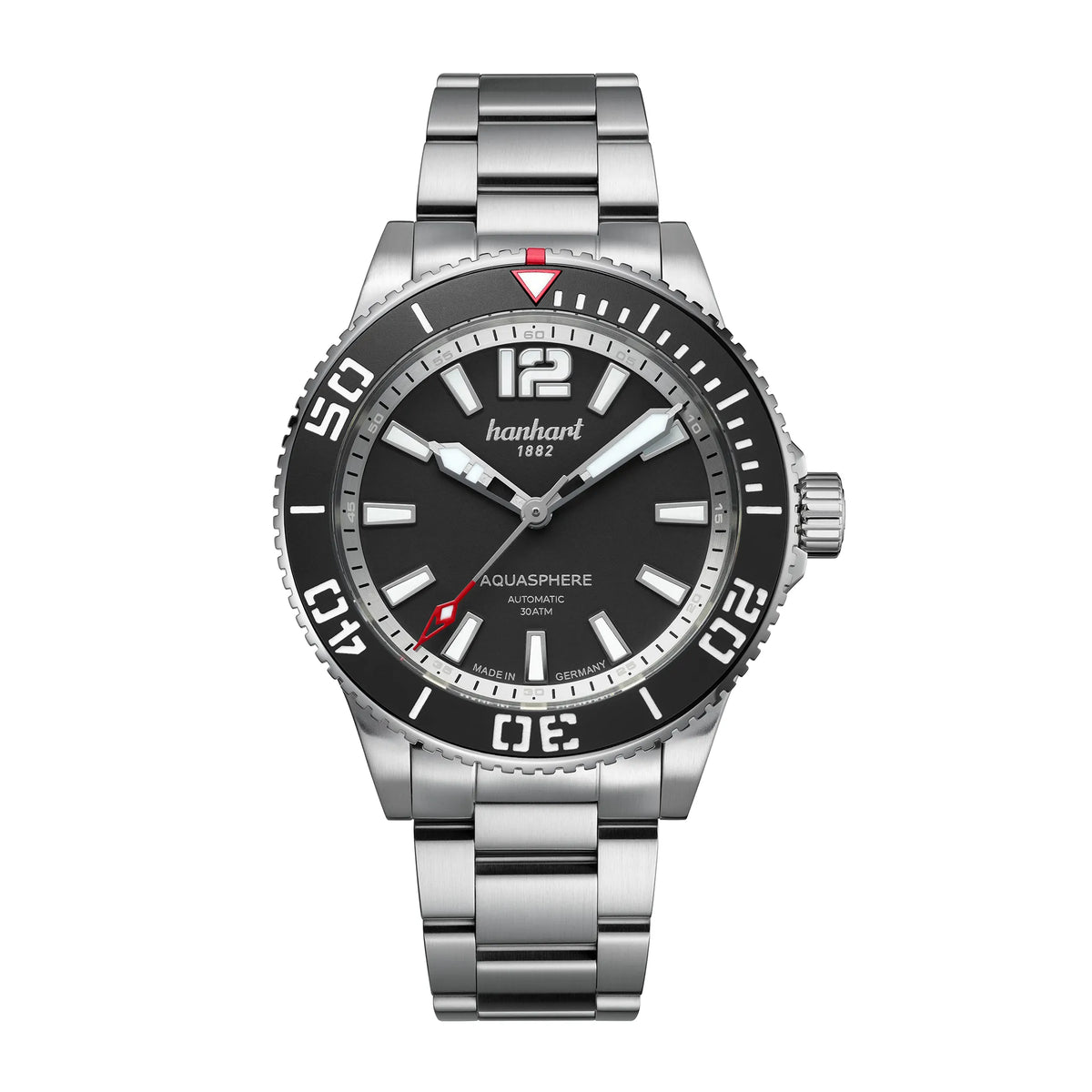Frontale Ansicht der Hanhart Aquasphere Matte Black im 42mm-Edelstahl-Gehäuse am Edelstahlarmband mit schwarzem Zifferblatt und schwarzer Lünette