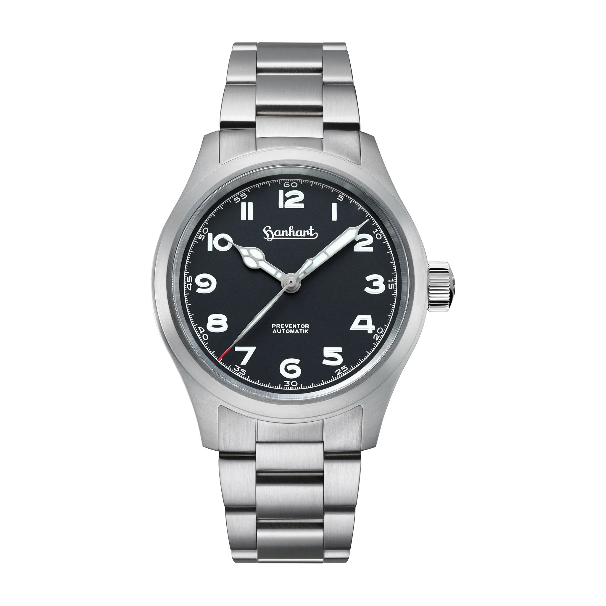 Frontale Ansicht der Hanhart Preventor HD12 Dreizeiger-Uhr mit schwarzem Zifferblatt am Stahlband