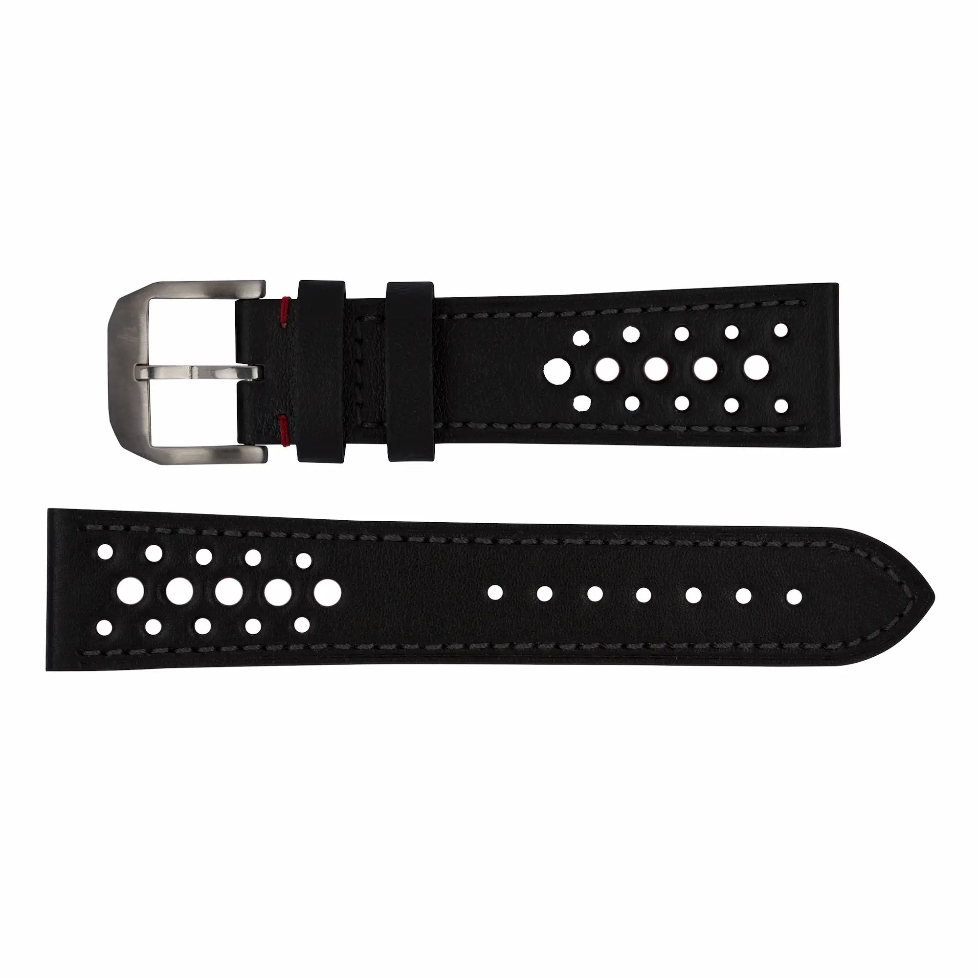 Produktfotografie des schwarzen Lederambands im Racing-Look (charakteristische gestanzte Löcher für mehr Luft) für die Racemaster GT mit roten Farbakzenten