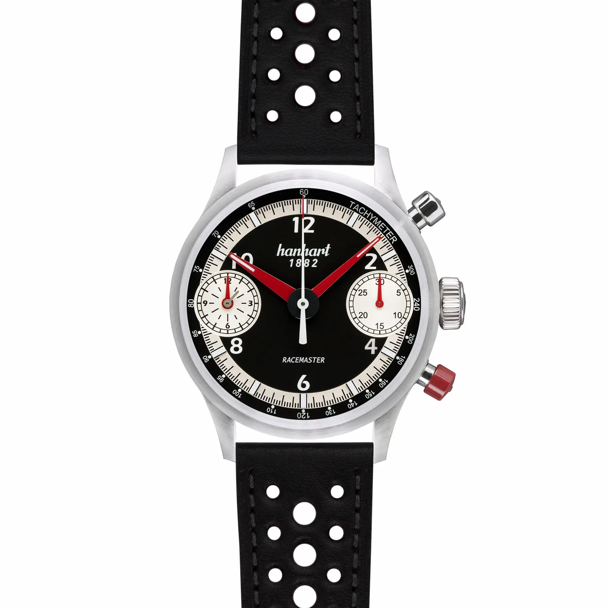Frontale Ansicht der Hanhart Uhr "Racemaster GT" mit den roten Farbakzenten