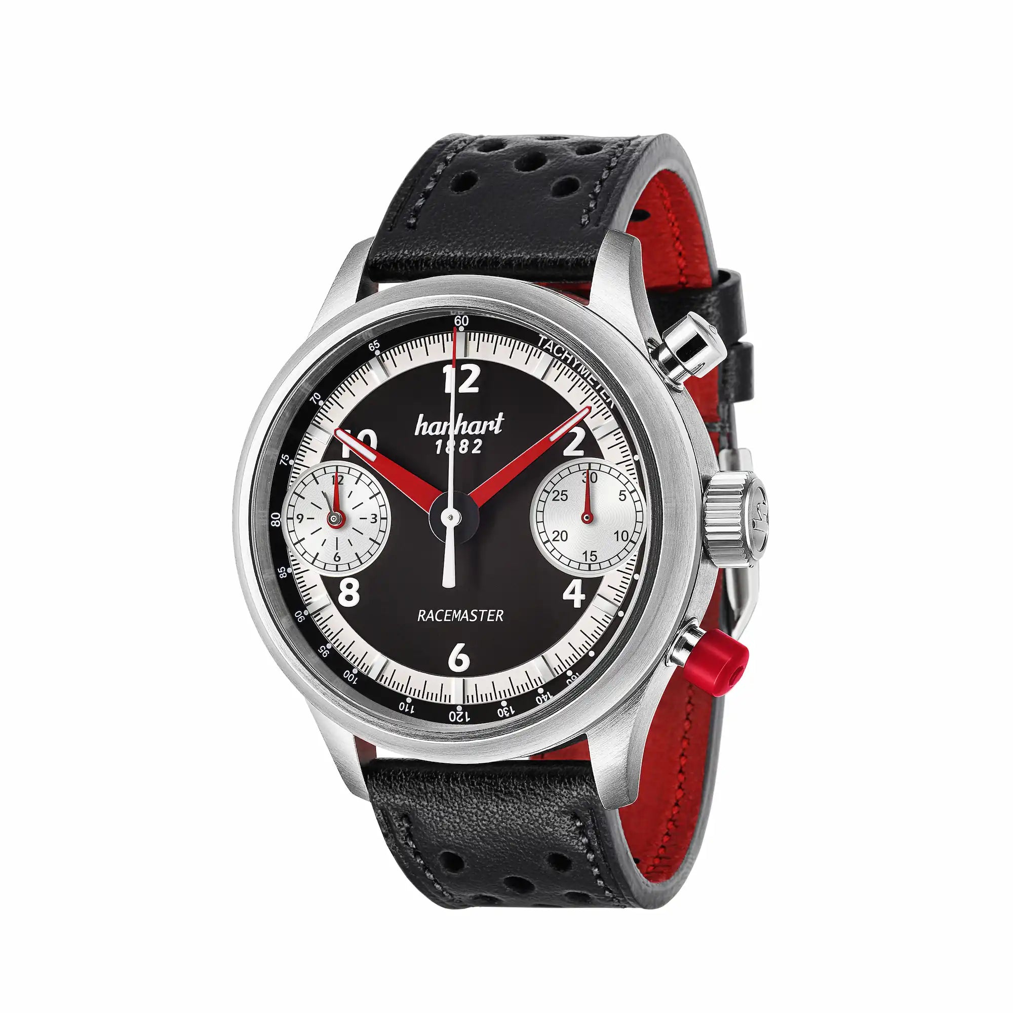 Leicht schräge Ansicht der Hanhart Uhr "Racemaster GT" mit den roten Farbakzenten