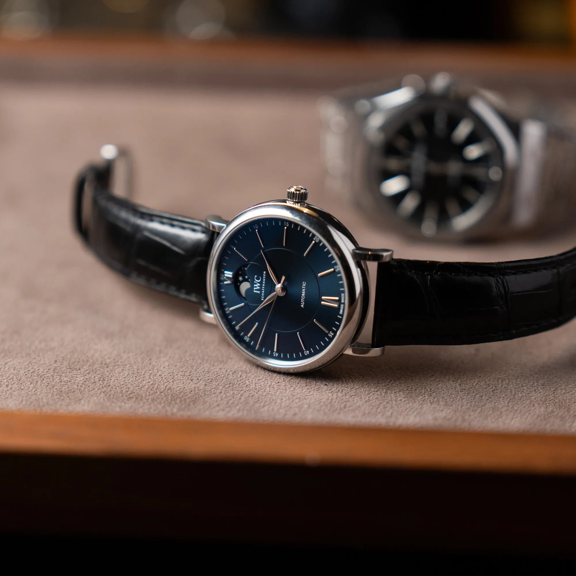 Produktfotografie der IWC Portofino Automatik Mondphase mit blauem Zifferblatt