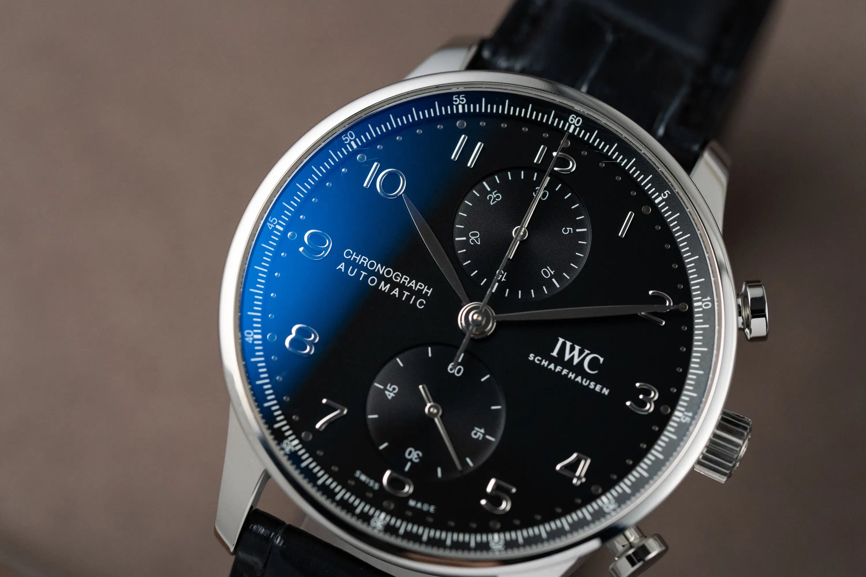 Detailaufnahme des Portugieser Chronographs in 40 mm von IWC Schaffhausen