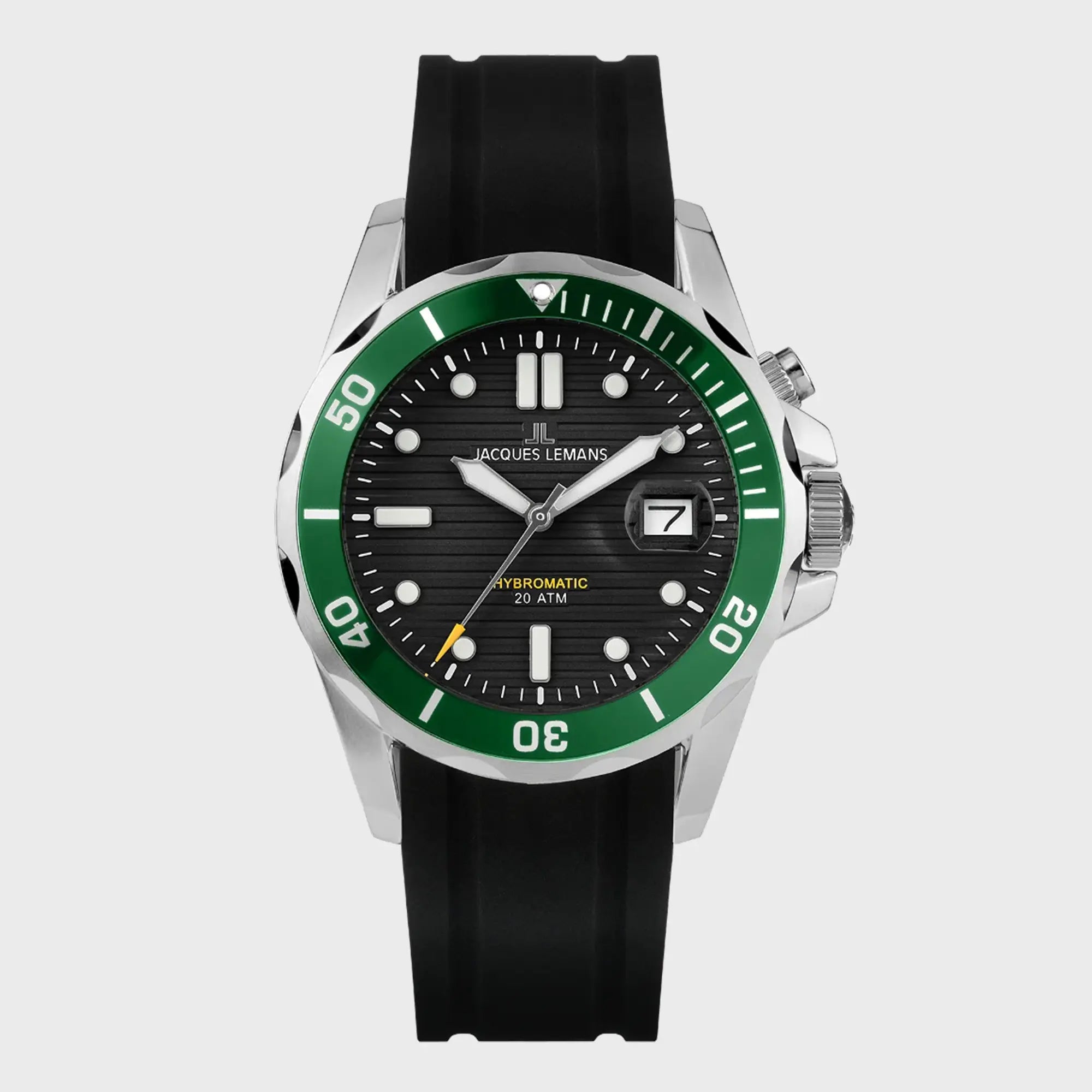 Frontale Ansicht der Jacques Lemans Uhr "Hybromatic" mit schwarzem Zifferblatt, grüner Lünette und schwarzem Kautschuk-Band