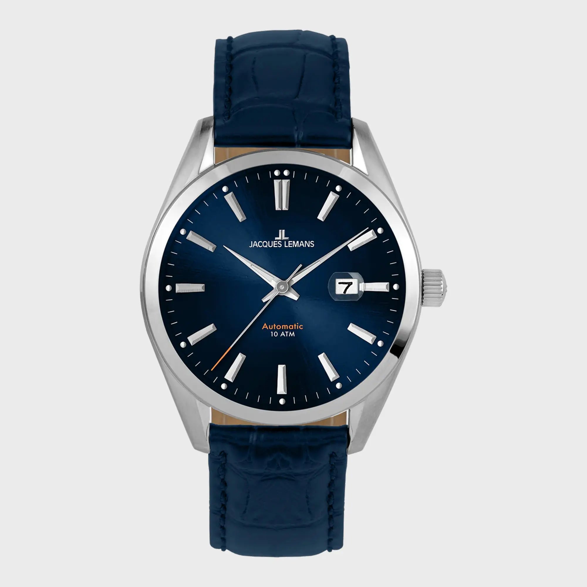 Frontale Ansicht der Jacques Lemans Uhr "Derby Automatic" mit blauem Zifferblatt und blauem Lederband