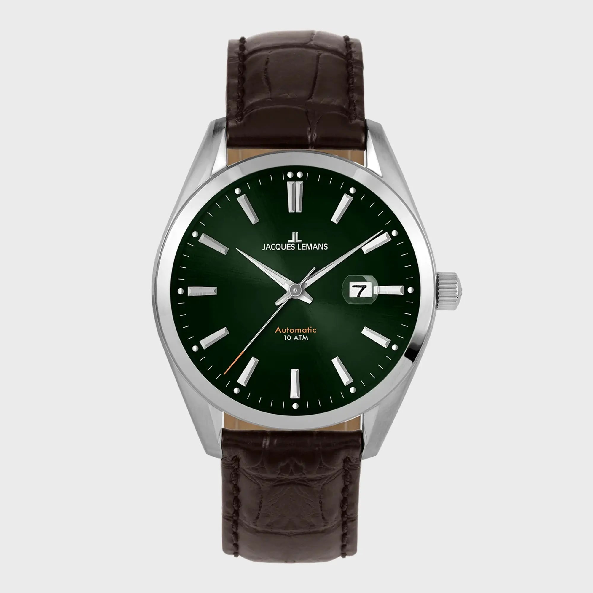 Frontale Ansicht der Jacques Lemans Uhr "Derby Automatic" mit grünem Zifferblatt und braunem Lederband