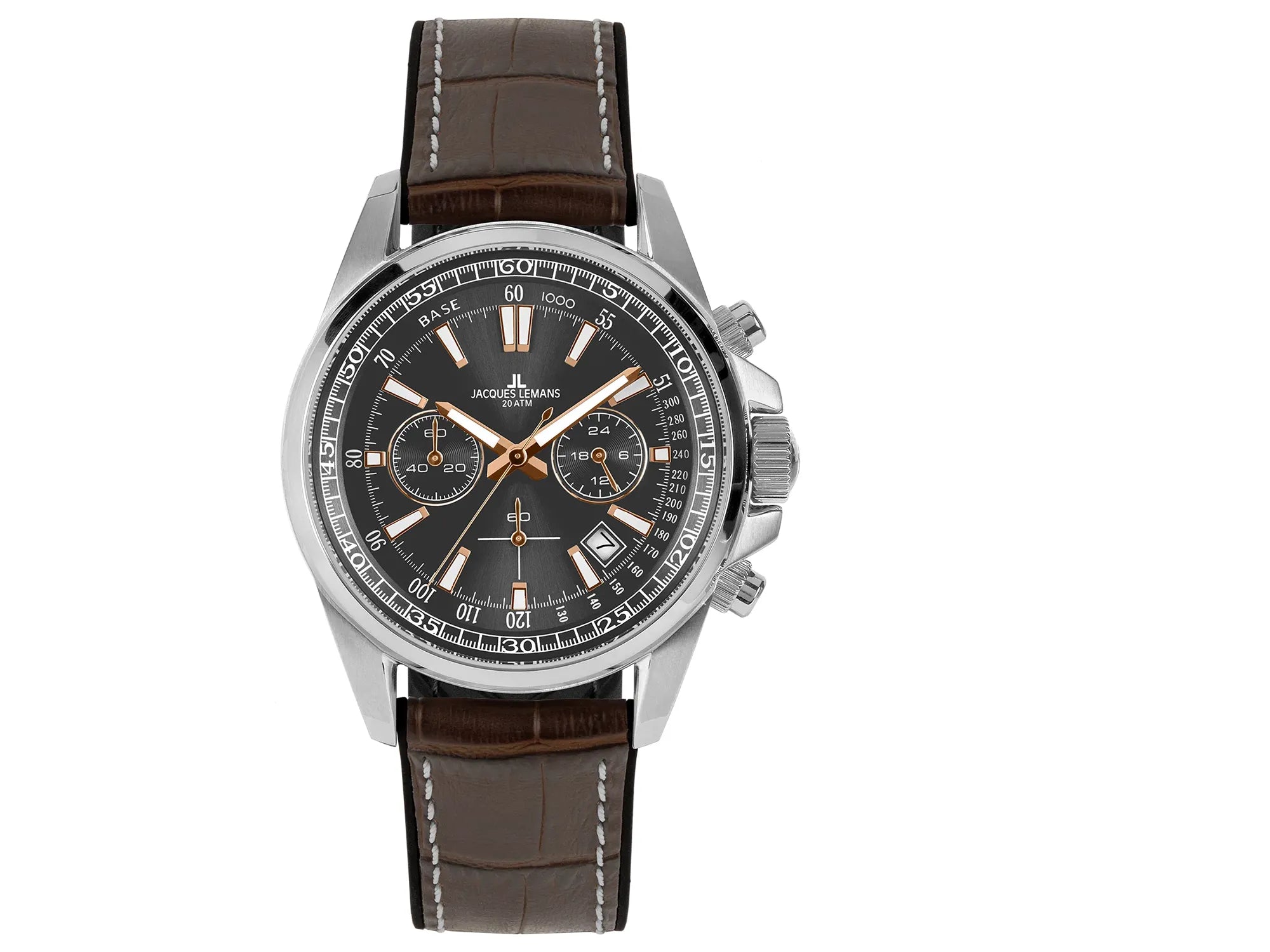 Frontale Ansicht der Jacques Lemans 1-2117W Chronograph-Armbanduhr für Herren mit einem anthrazitfarbenen Zifferblatt, roségoldfarbenen Ziegern und Edelstahl-Gehäuse an einem braunem Lederarmband mit einer groben Struktur und mit weißer Ziernaht