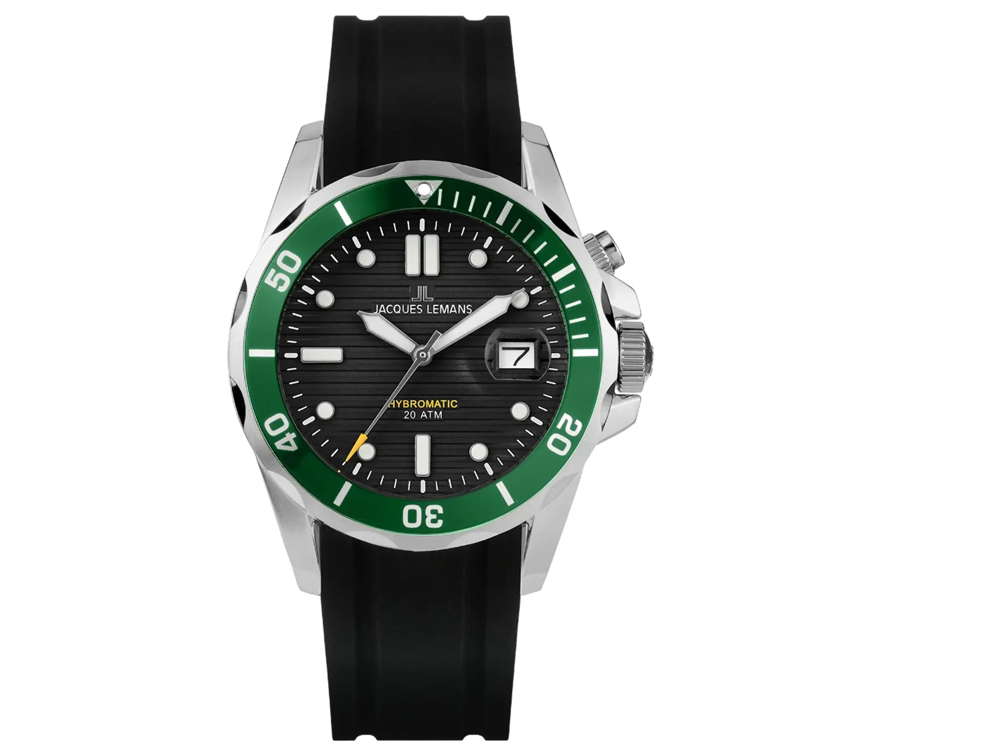 Frontale Ansicht der Jacques Lemans Uhr "Hybromatic" mit schwarzem Zifferblatt, grüner Lünette und schwarzem Kautschuk-Band