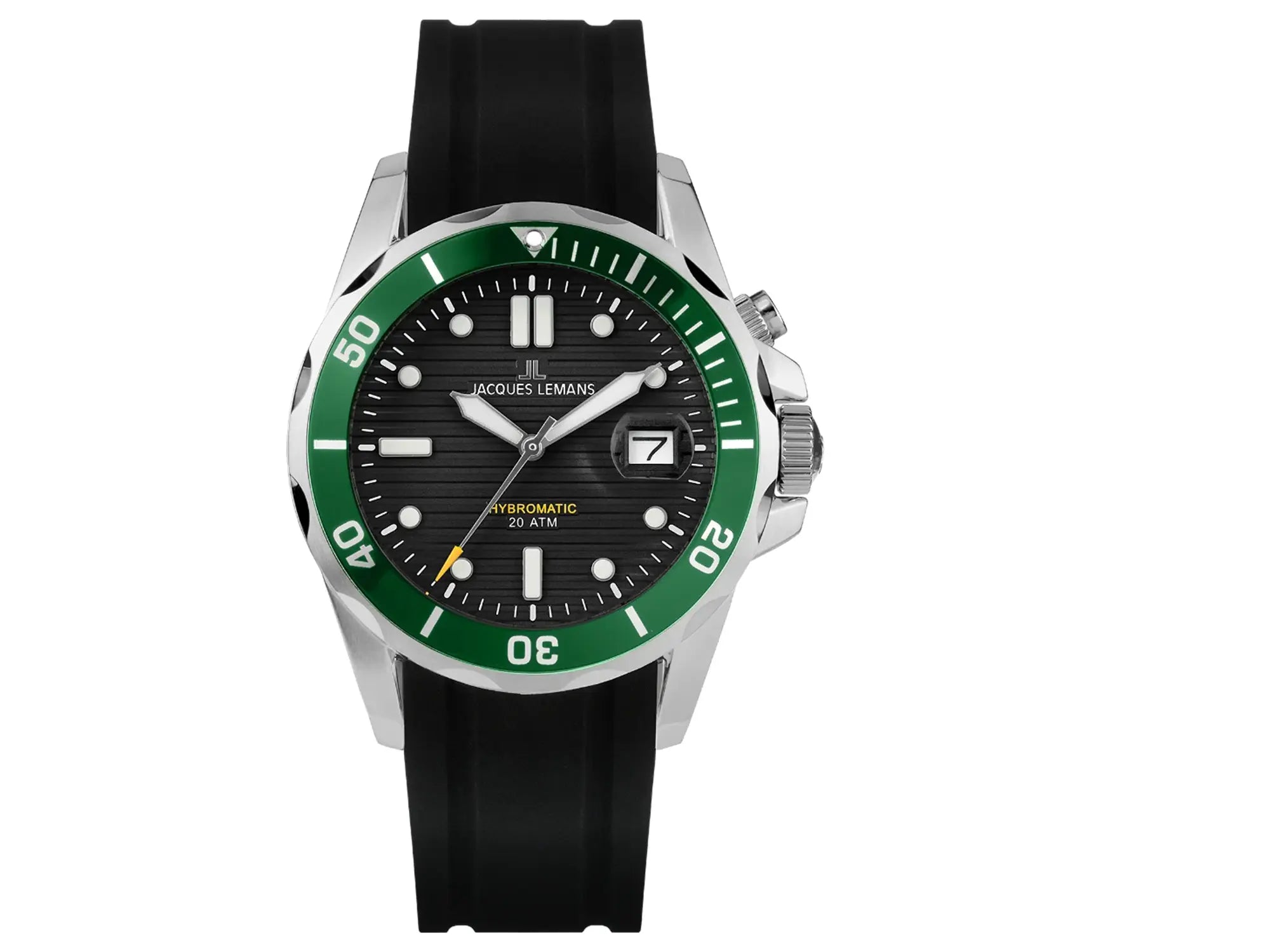 Frontale Ansicht der Jacques Lemans Uhr "Hybromatic" mit schwarzem Zifferblatt, grüner Lünette und braunem Lederband