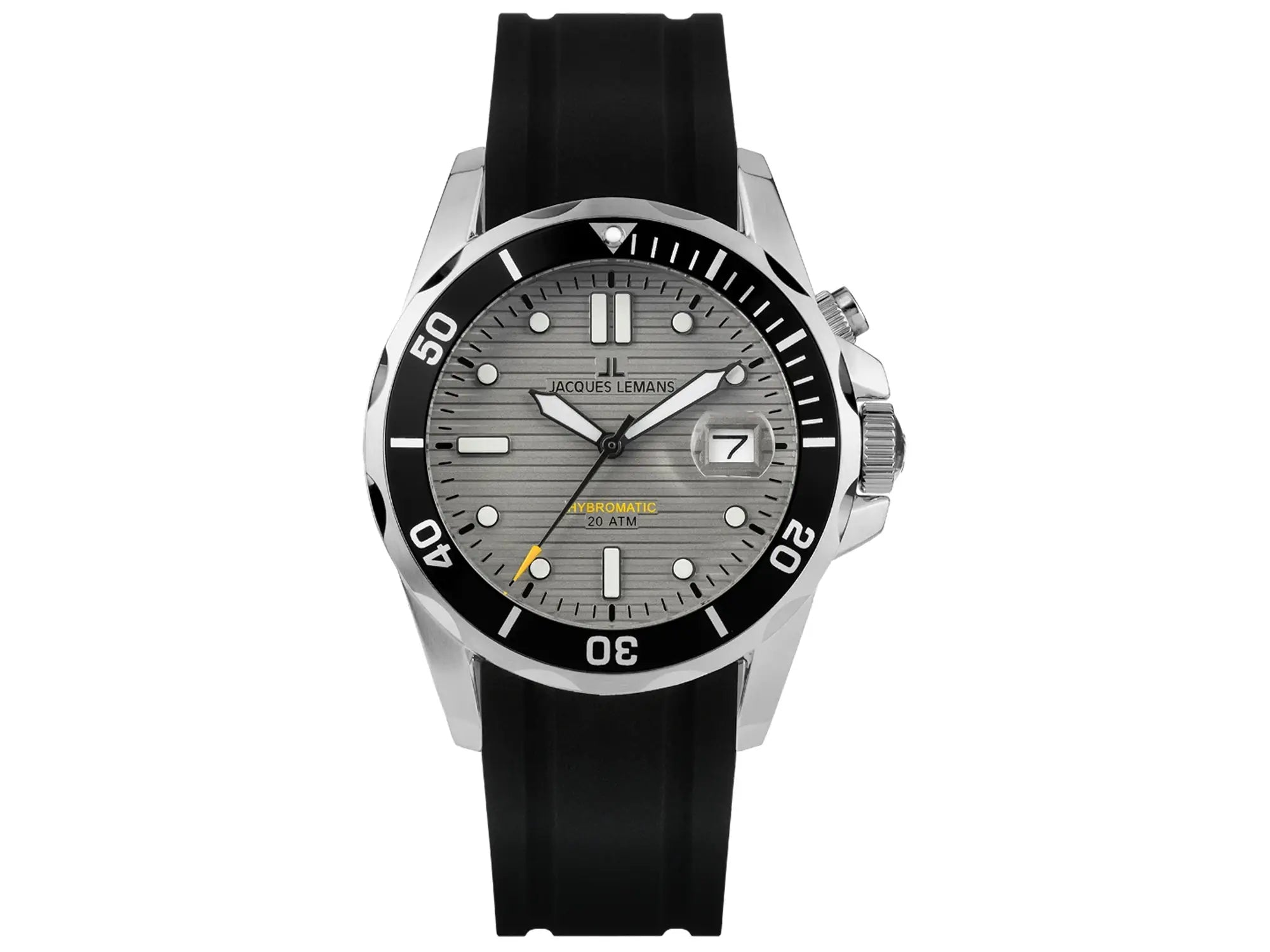 Frontale Ansicht der Jacques Lemans Uhr "Hybromatic" mit grauem Zifferblatt und schwarzen Kautschuk-Band