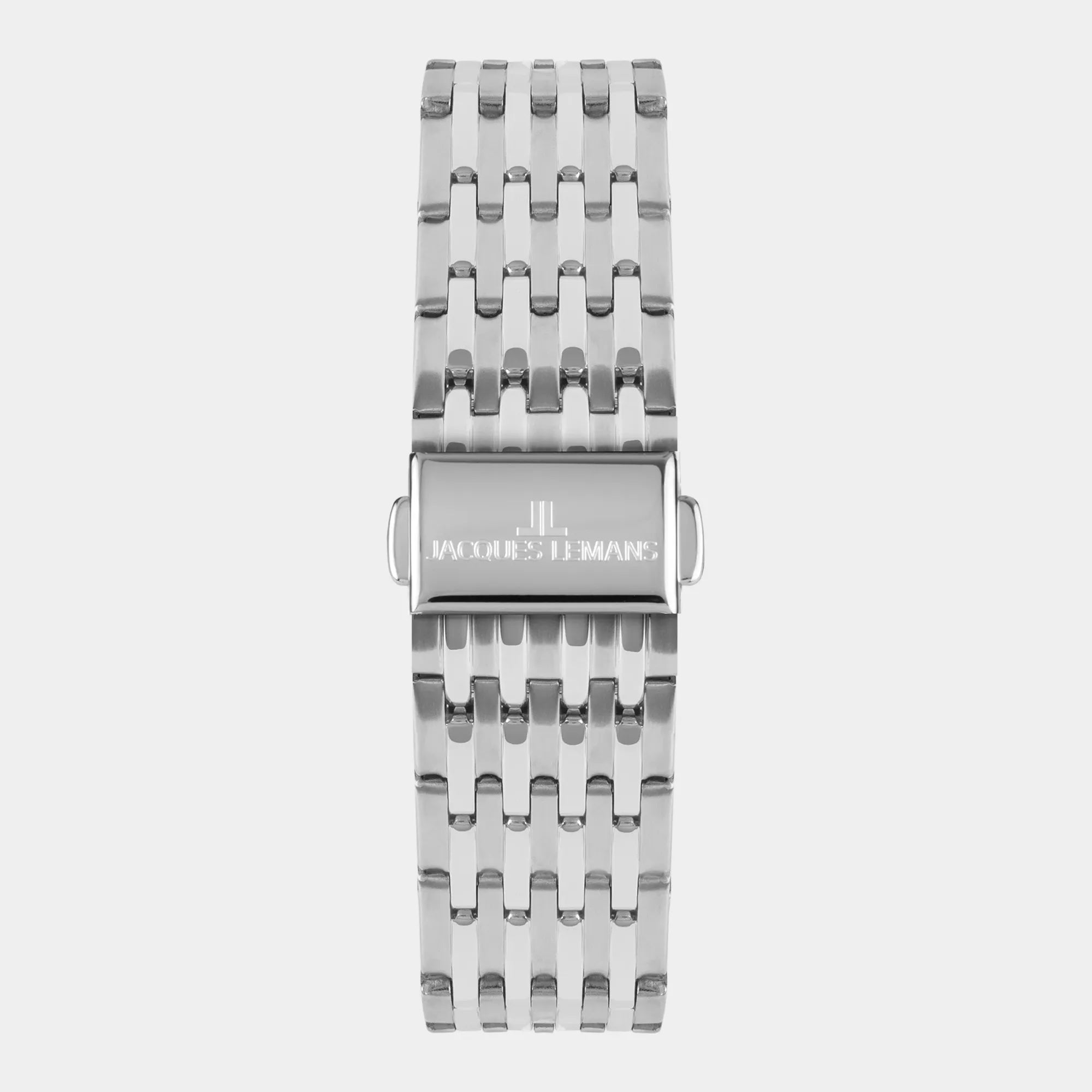 Blick auf das Edelstahlband der Jacques Lemans 1-2193H Herrenuhr aus der London-Kollektion mit blauem Zifferblatt am feingliedrigen Edelstahl-Armband