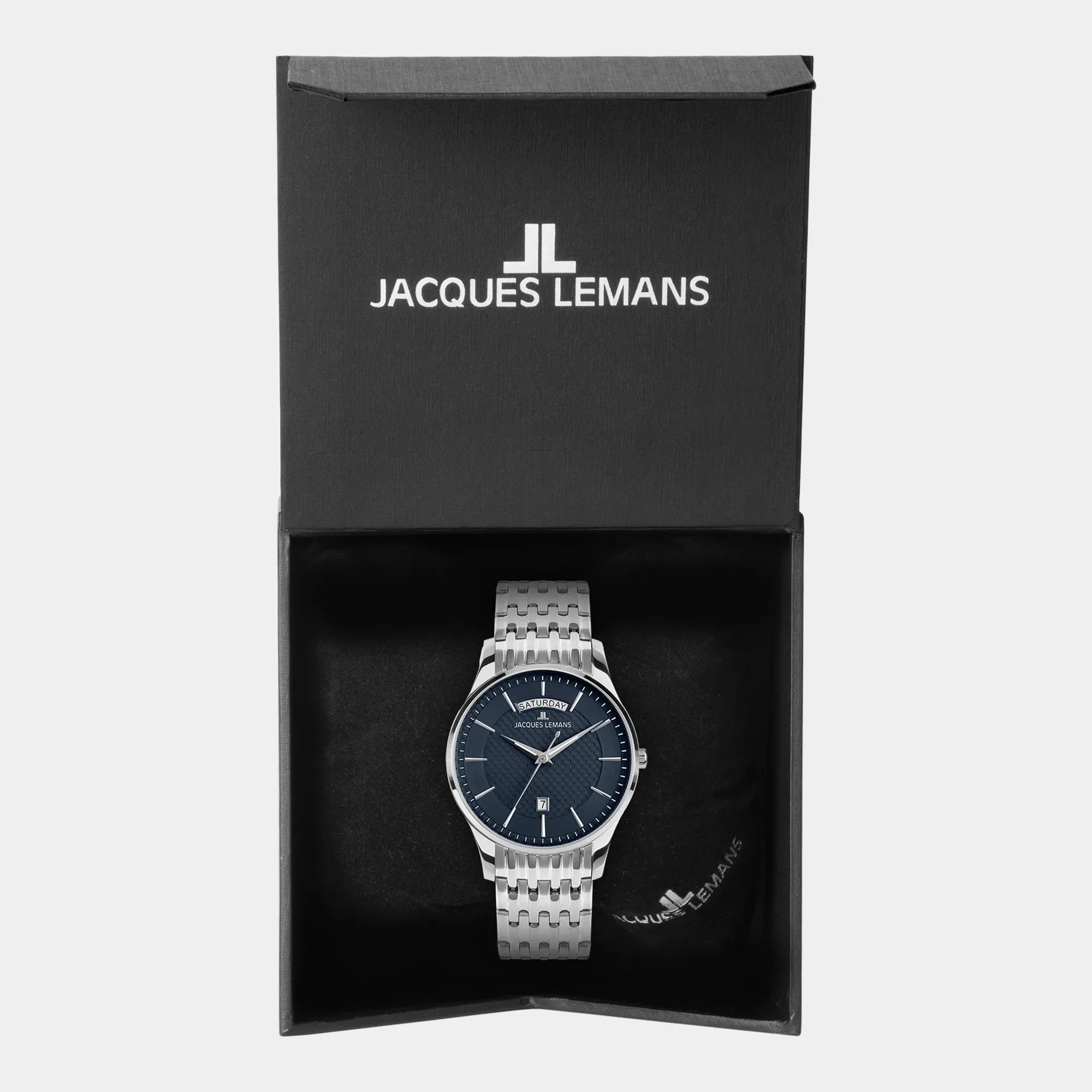 Lieferumfang Jacques Lemans 1-2193H Herrenuhr aus der London-Kollektion mit blauem Zifferblatt am feingliedrigen Edelstahl-Armband, bestehend aus Box und Uhr