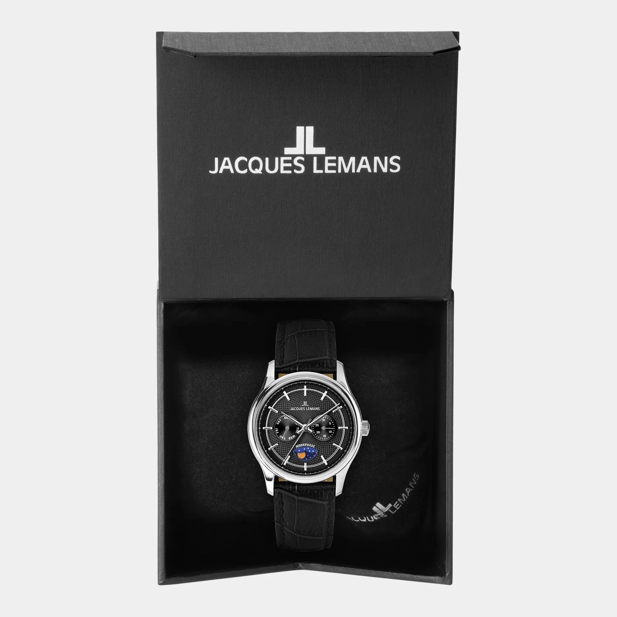 Lieferumfang zu der Jacques Lemans 2213-A Herrenuhr aus der Derby-Kollektion mit schwarzem Zifferblatt am schwarzen Lederband, bestehend aus Box & Papieren