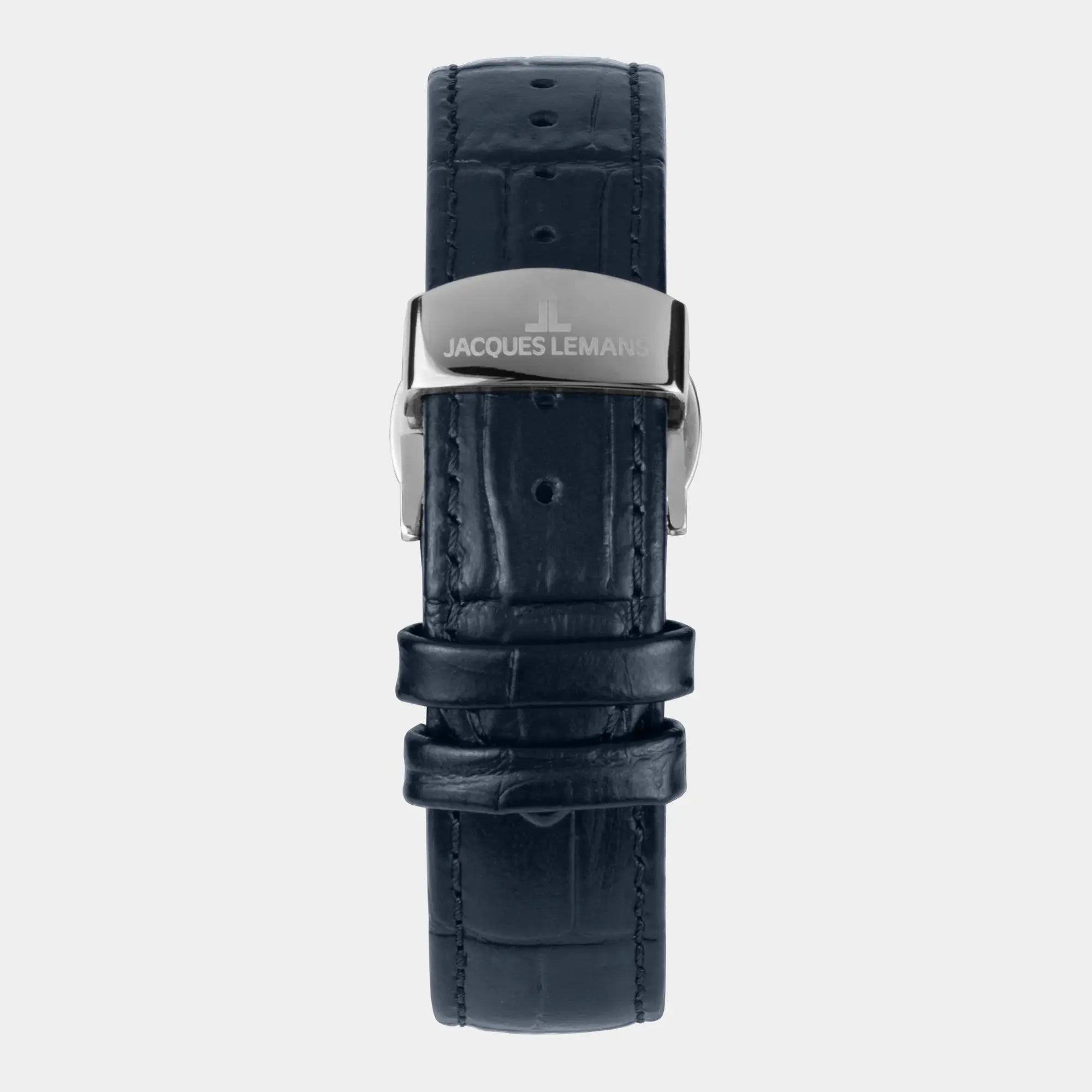 Blick auf das Armband der Jacques Lemans 1-2213C Herrenuhr aus der Derby-Kollektion mit blauem Zifferblatt am blauen Lederband