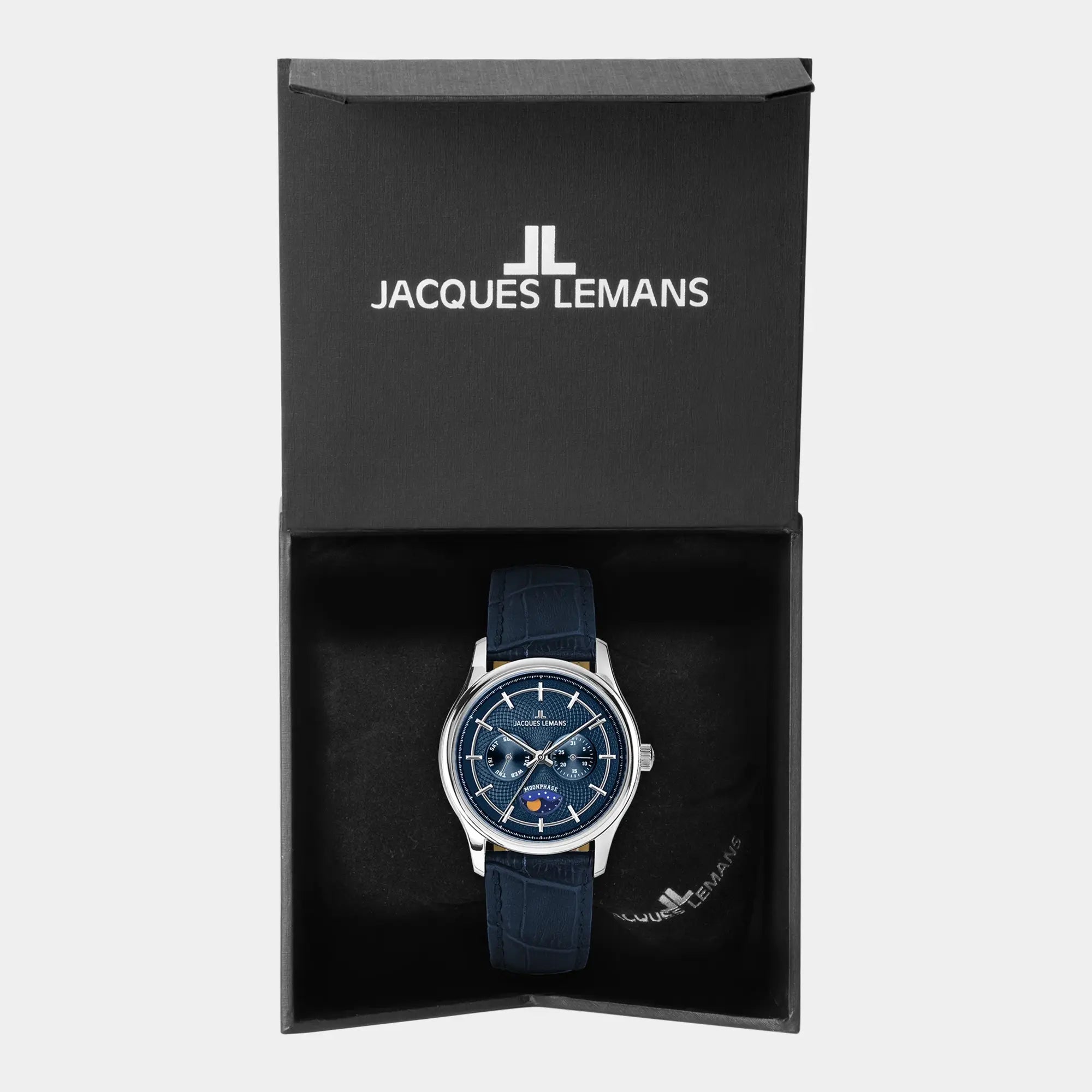 Lieferumfang zu der Jacques Lemans 1-2213C Herrenuhr aus der Derby-Kollektion mit blauem Zifferblatt am blauen Lederband, bestehend aus Box & Uhr