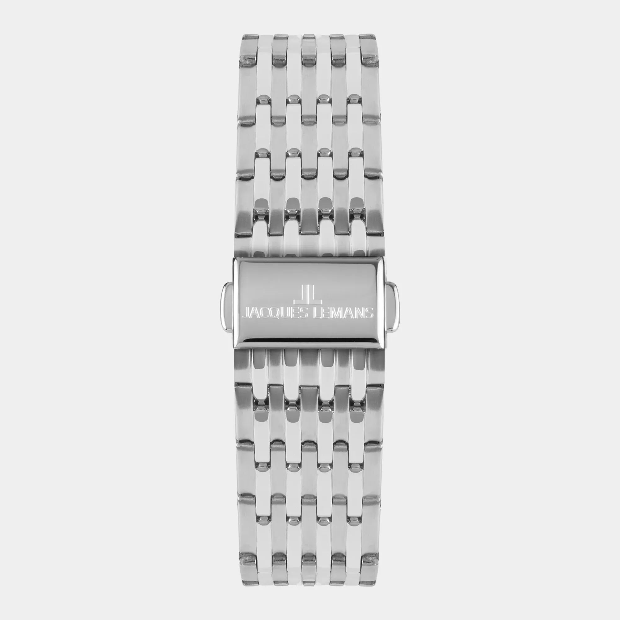 Blick auf das Edelstahlarmband und die Schliesse der Jacques Lemans London 1-2193G Armbanduhr mit silberfarbenem Zifferblatt (Wochentagesanzeige & Datum)