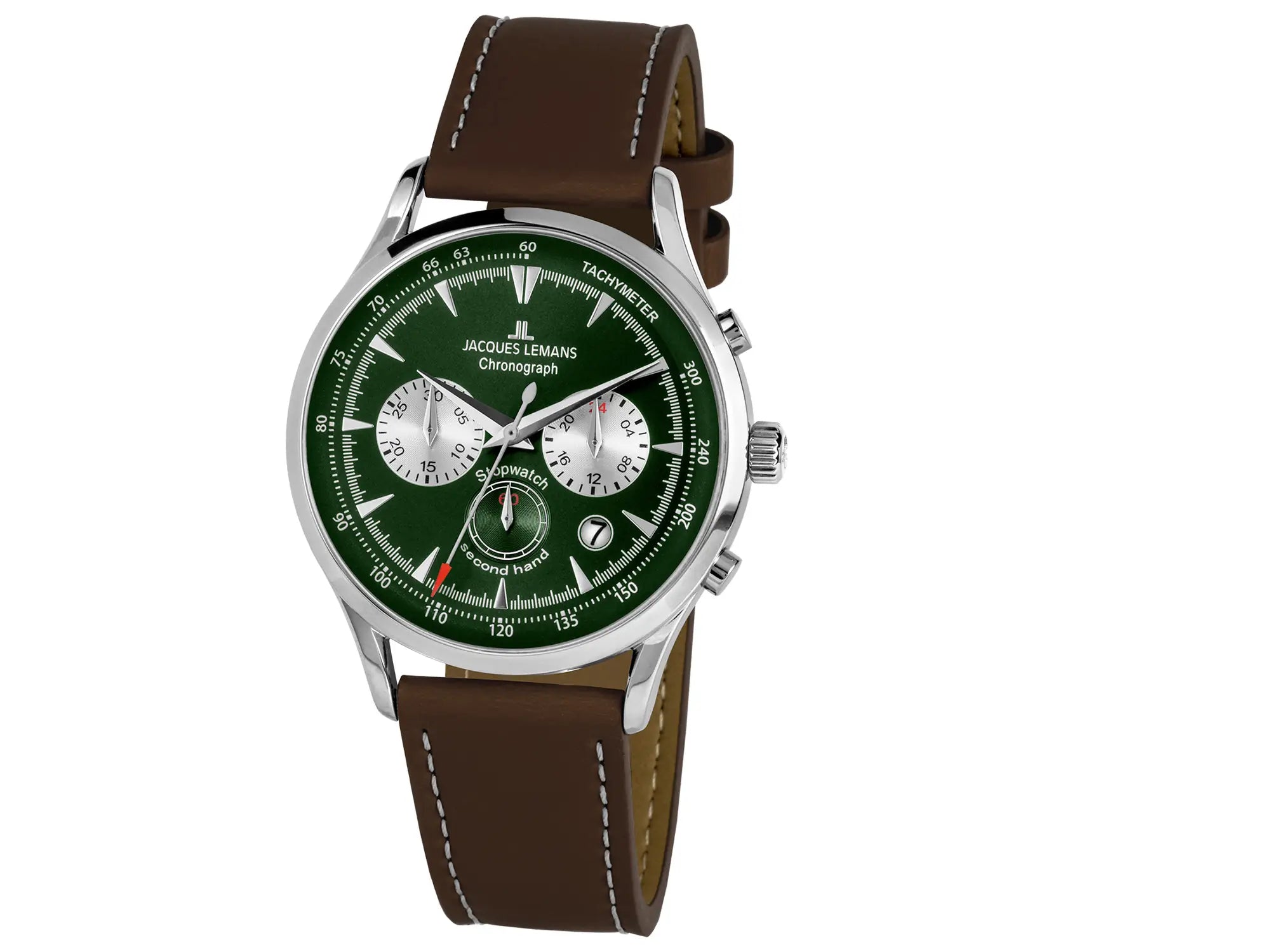 Frontale Ansicht der Jacques Lemans Uhr "Retro Classic Chronograph" mit einem grünen Zifferblatt, silberfarbenen Indizes, Edelstahl-Gehäuse und einem braunen Lederband