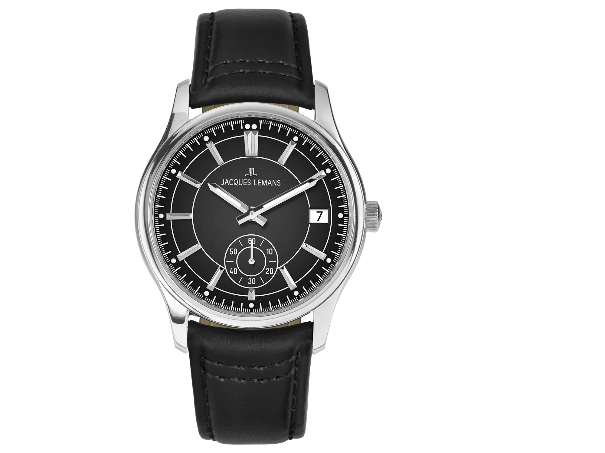 Frontale Ansicht der Jacques Lemans 1-2197A Derby Armbanduhr mit schwarzem Zifferblatt und schwarzem Leder