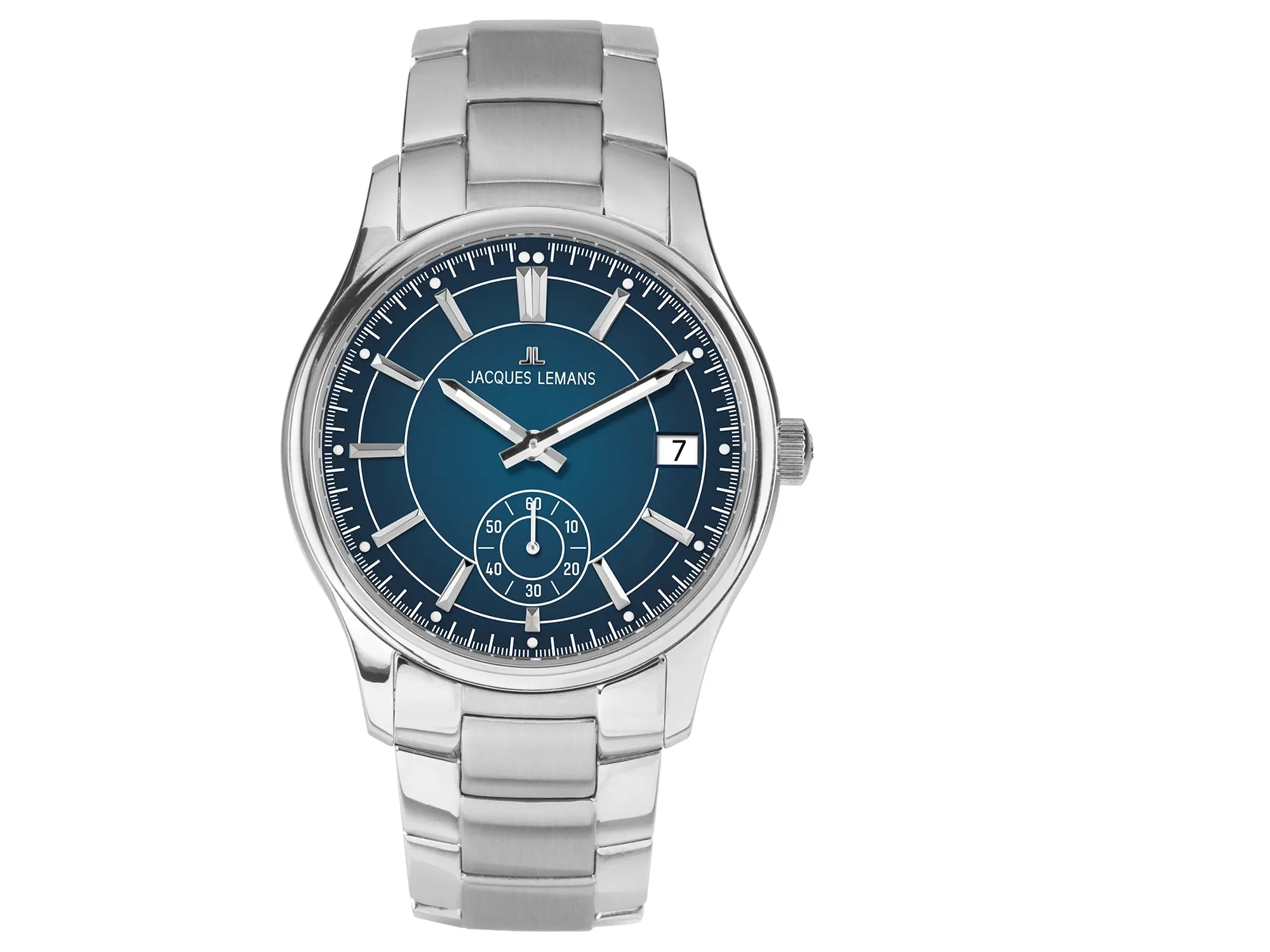 Frontale Ansicht der Jacques Lemans Derby 1-2197G Armbanduhr in Edelstahl mit blauem Zifferblatt