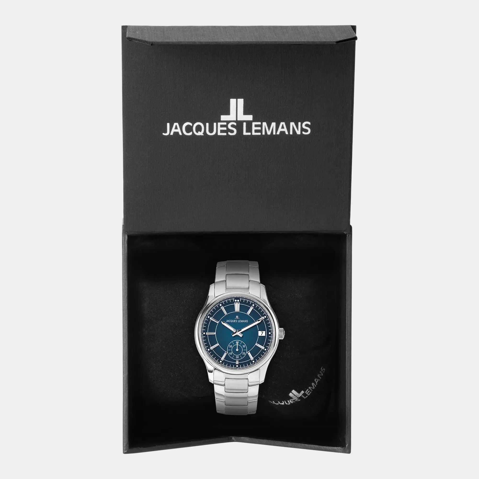 Jacques Lemans Derby 1-2197G Armbanduhr in Edelstahl mit blauem Zifferblatt in der zugehörigen Uhrenbox