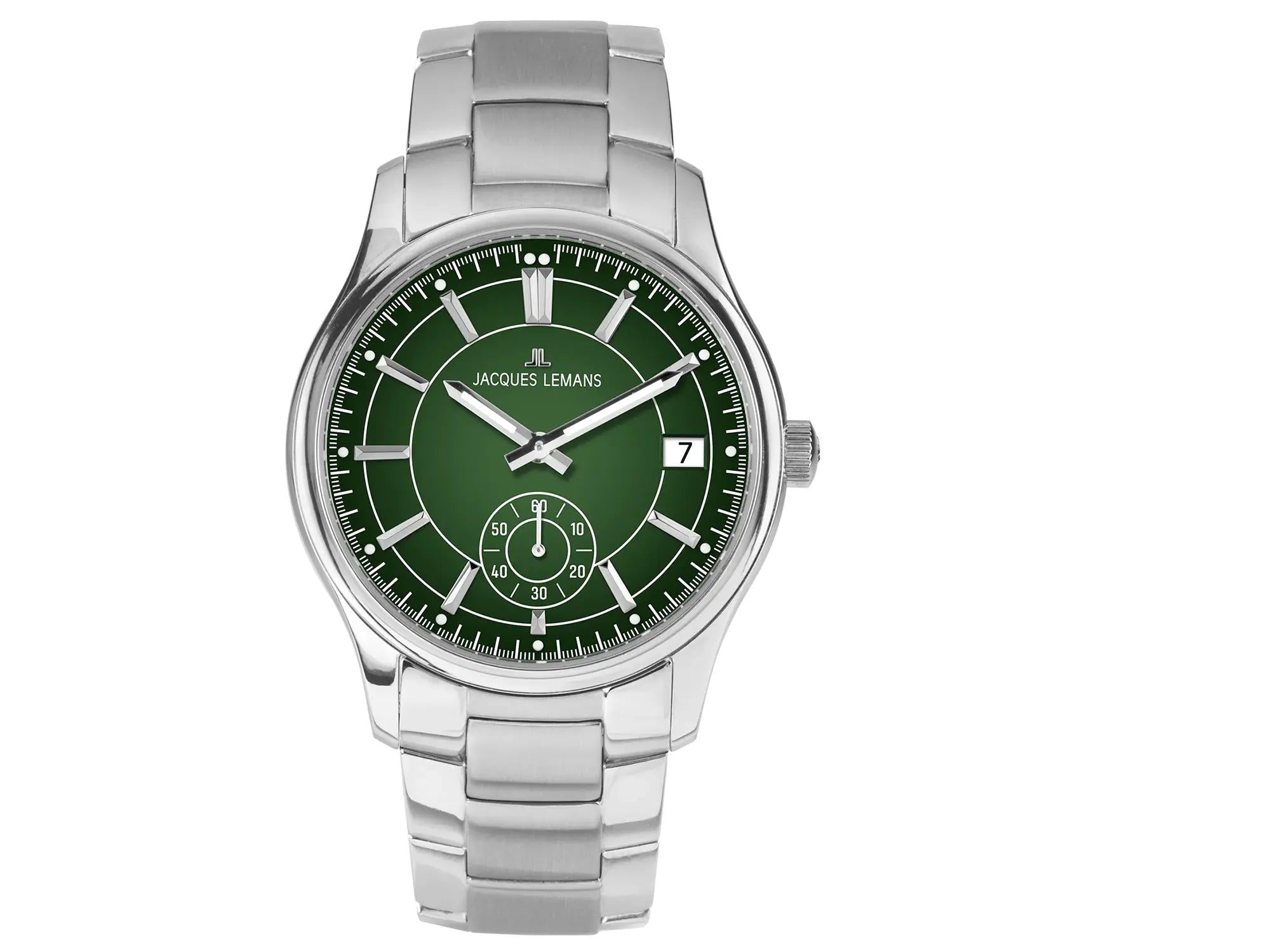 Frontale Ansicht der Jacques Lemans Derby 1-2197H Armbanduhr in Edelstahl mit grünem Zifferblatt mit Edelstahlarmband