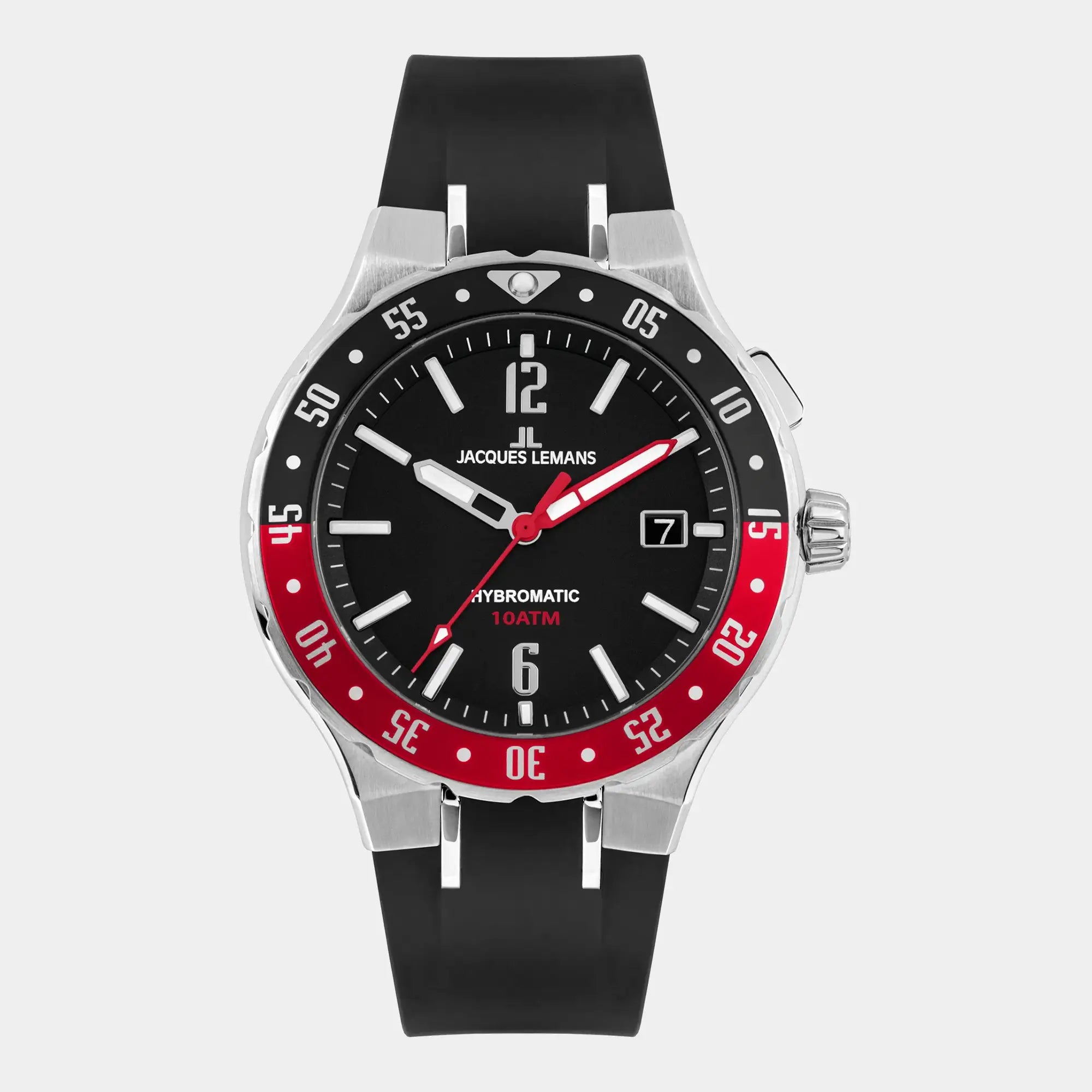 Frontale Ansicht der sportlichen Herrenuhr Hybromatic 1-2109A von Jacques Lemans, mit schwarzem Zifferblatt, schwarzem Silikon-Band und einer schwarz-roten Lünette, die die Minuten anzeigt (grauer Hintergrund)