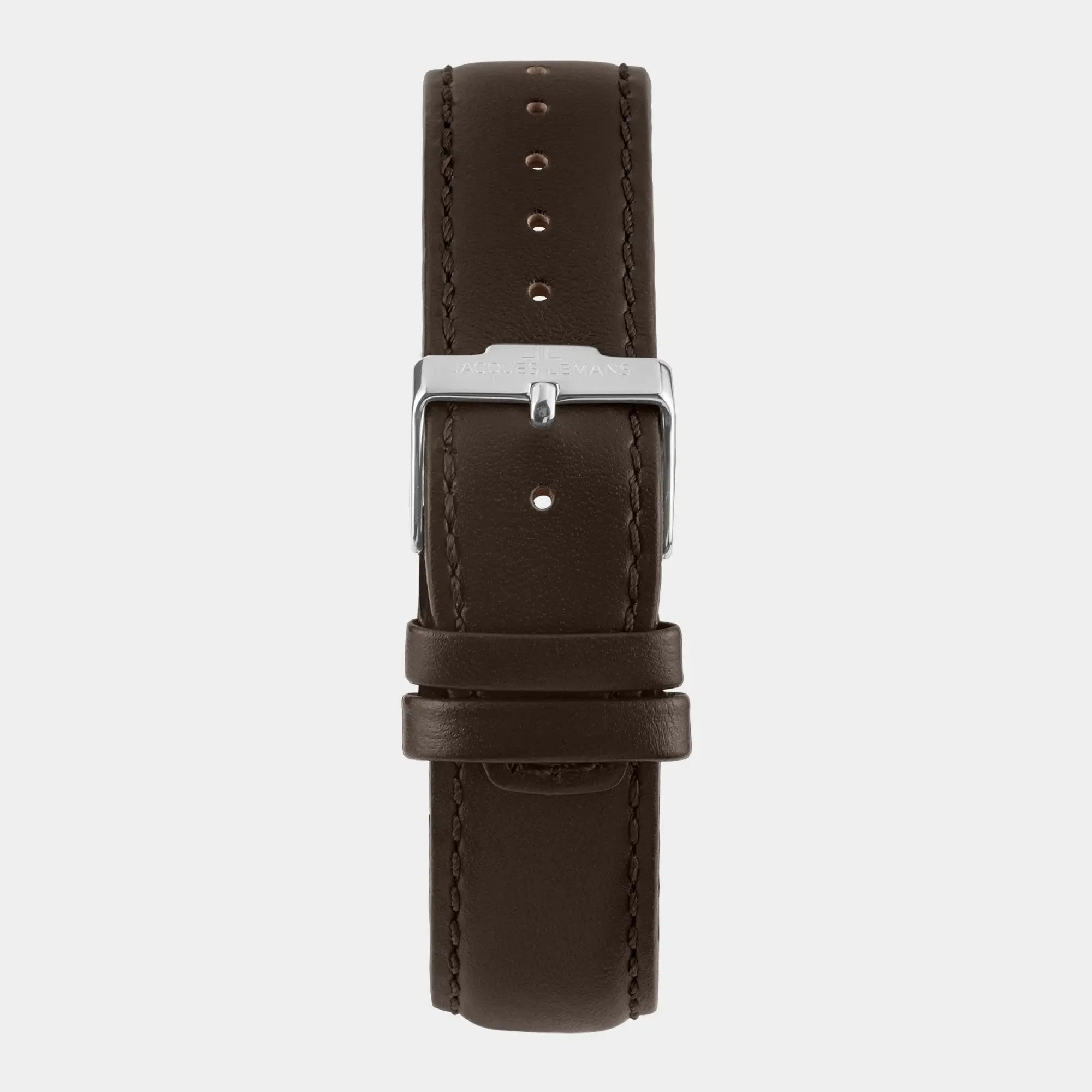 Blick auf das braune Lederband der Jacques Lemans 1-2193K Derby Armbanduhr mit Tages und Datumsanzeige, welche farblich abgestimmt ist durch ein bronzefarbenes Zifferblatt und ein braunes Lederband