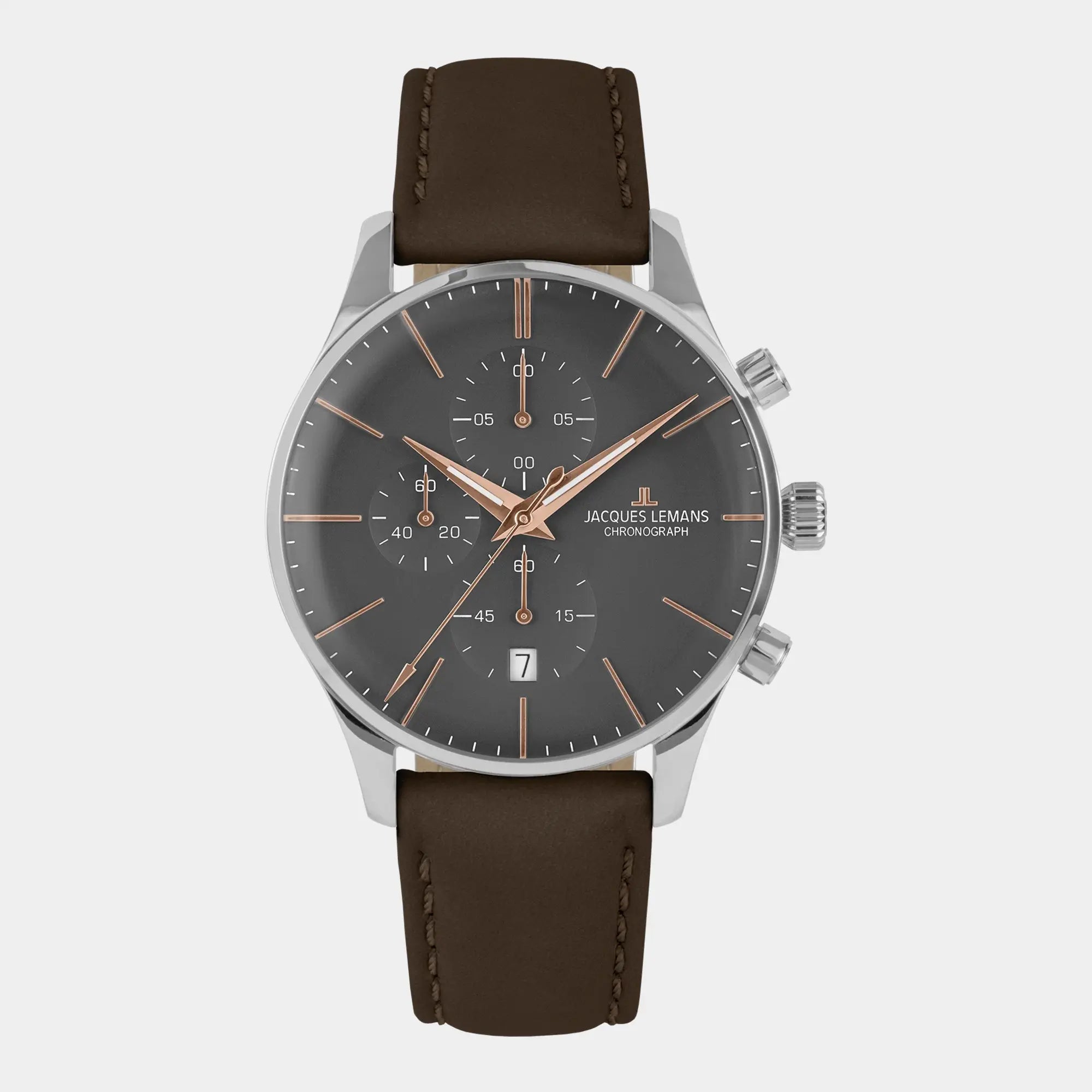 Frontale Ansicht der Jacques Lemans 2-2163E Chronograph-Herrenuhr aus der London-Kollektion mit grauem Zifferblatt, rosegold-farbenen Indizes & Zeiger am braunem Lederband