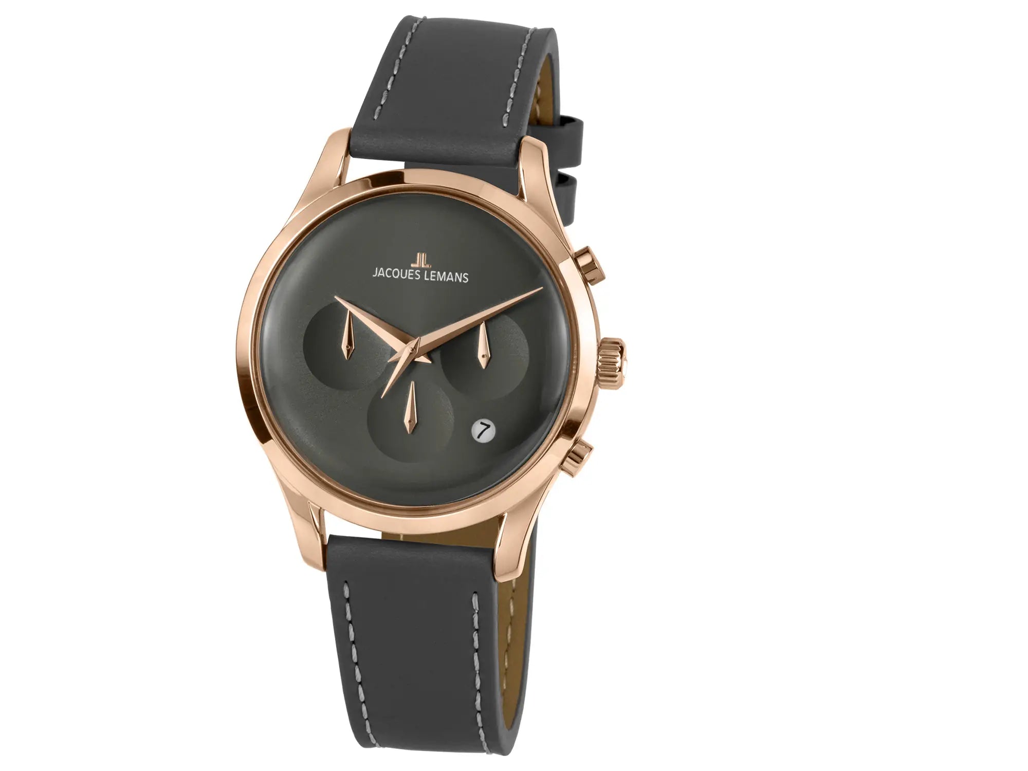 Leicht seitliche Ansicht der Jacques Lemans Uhr "Retro Classic Chronograph" in einem Roségold-farbenem Gehäuse und anthraziten Zifferblatt und Lederband