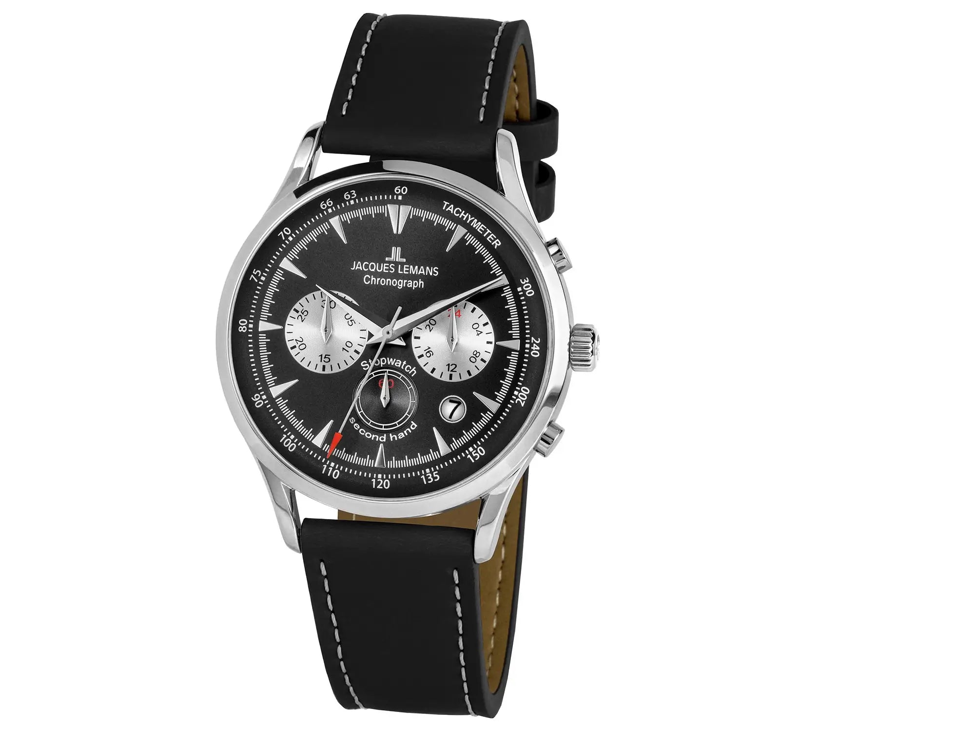 Produktfotografie der Chronograph-Armbanduhr 1-2068A von Jacques Lemans aus der Retro-Classik-Kollektion mit schwarzen Zifferblatt, Edelstahl-Gehäuse und schwarzem Lederband (weißer Hintergrund)
