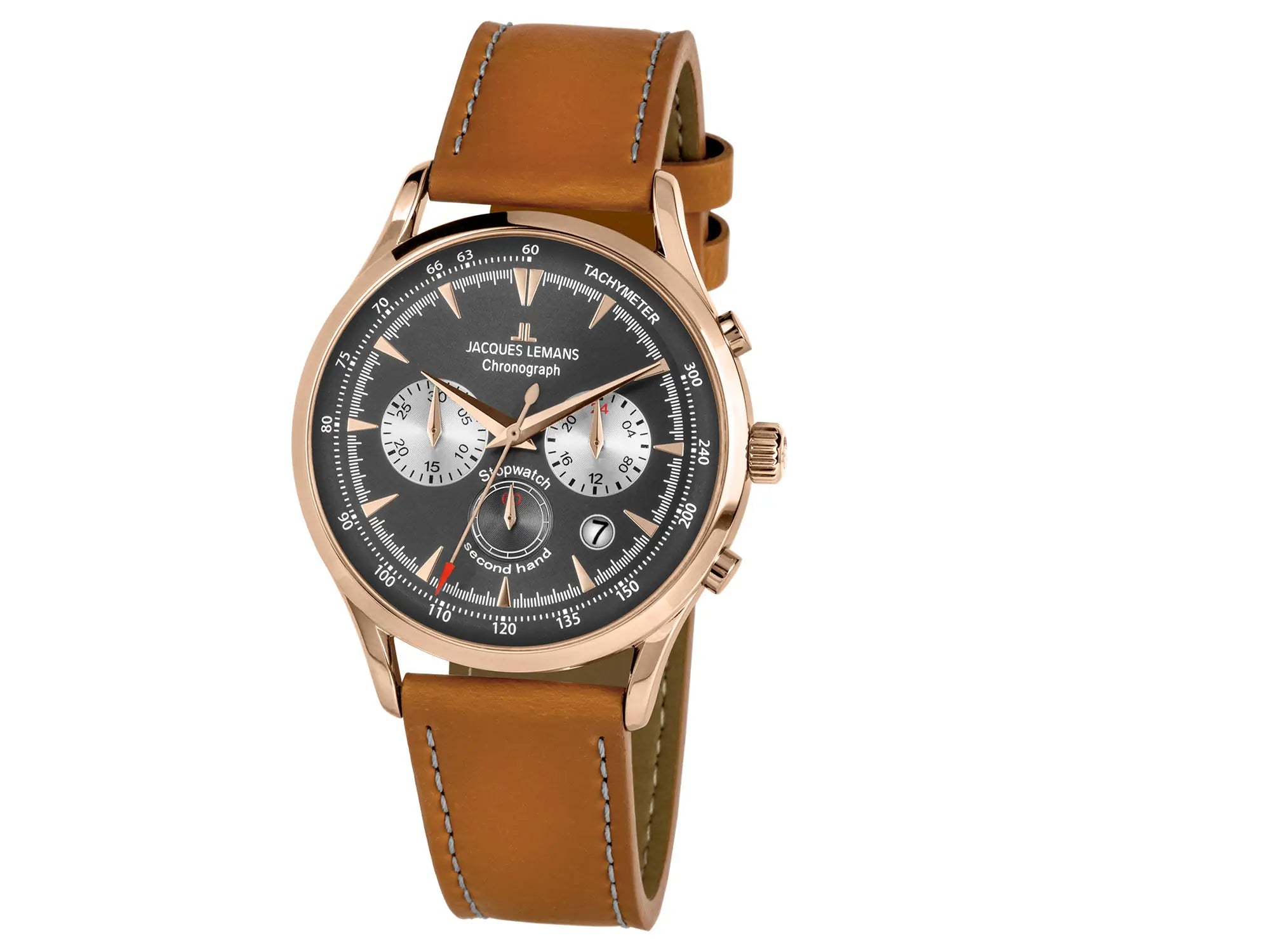 Leicht seitliche Ansicht der Jacques Lemans Uhr "Retro Classic Chronograph" in einem Roségold-farbenem Gehäuse und grauem Zifferblatt an einem Cognac-farbenem Lederband