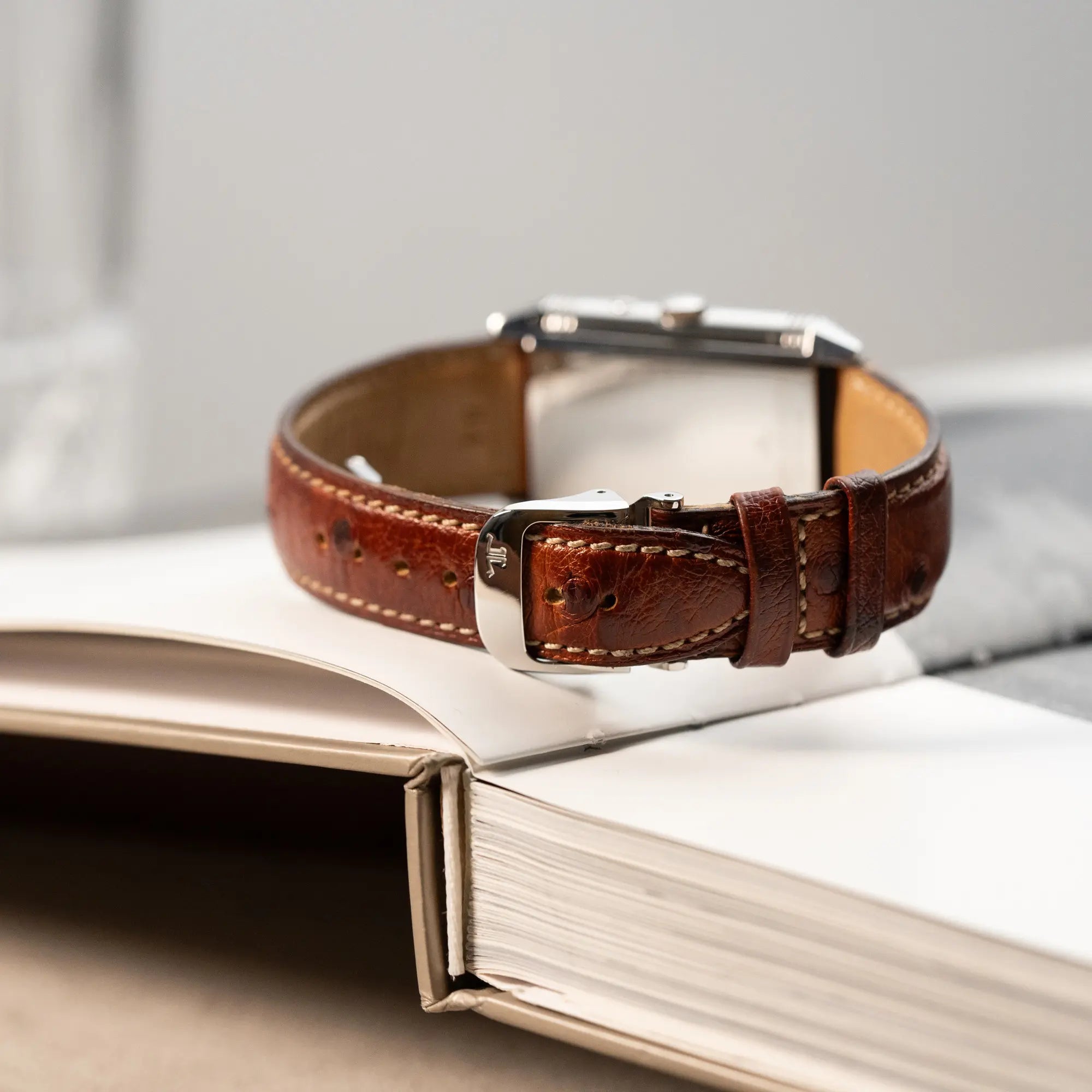 Detailaufnahme der originalen Jaeger-LeCoultre Faltschliesse am braunen Lederband der der JLC Reverso Duoface 270.8.54
