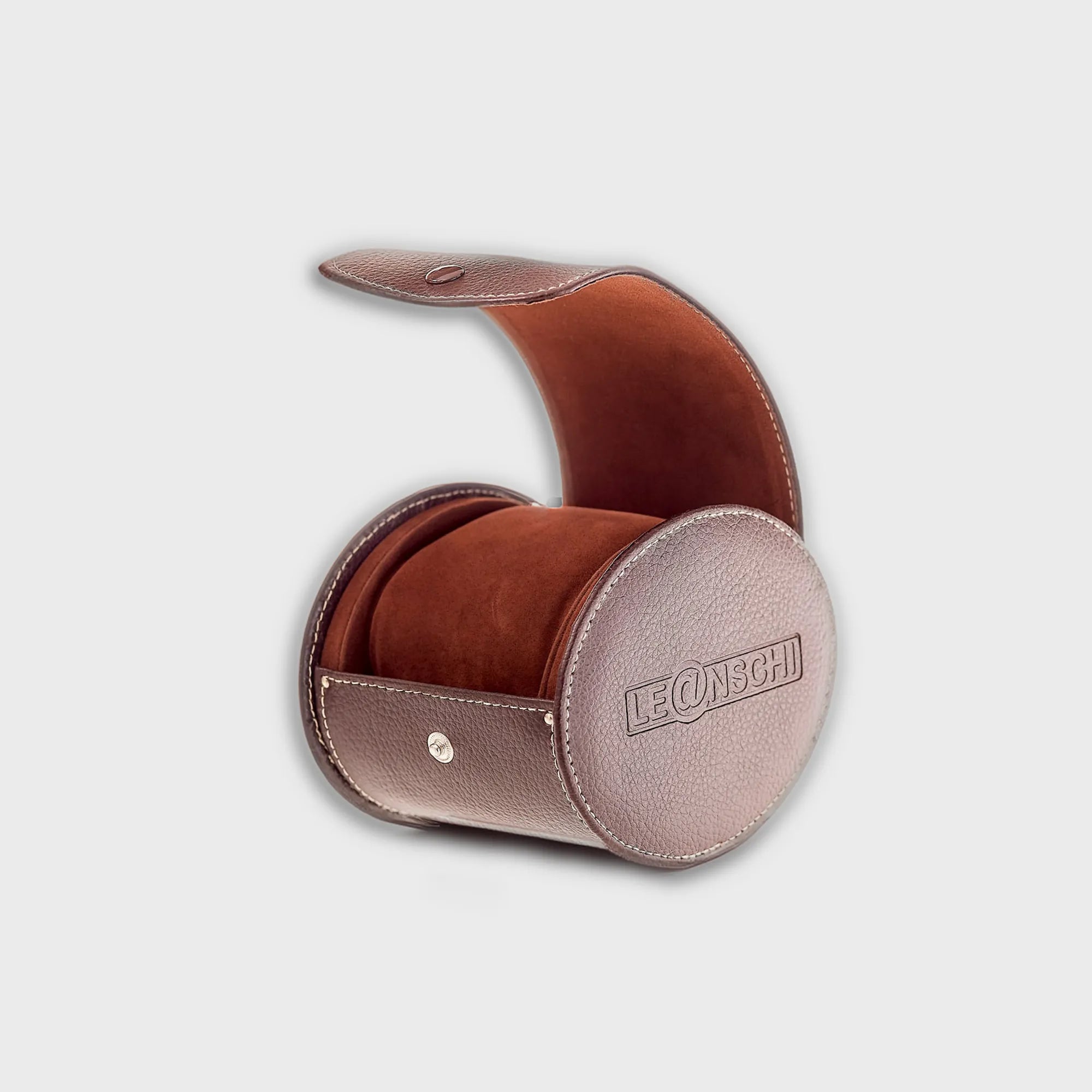 Schokobraunes Uhrenetui für eine Uhr von Leanschi, mit geöffnetem Deckel