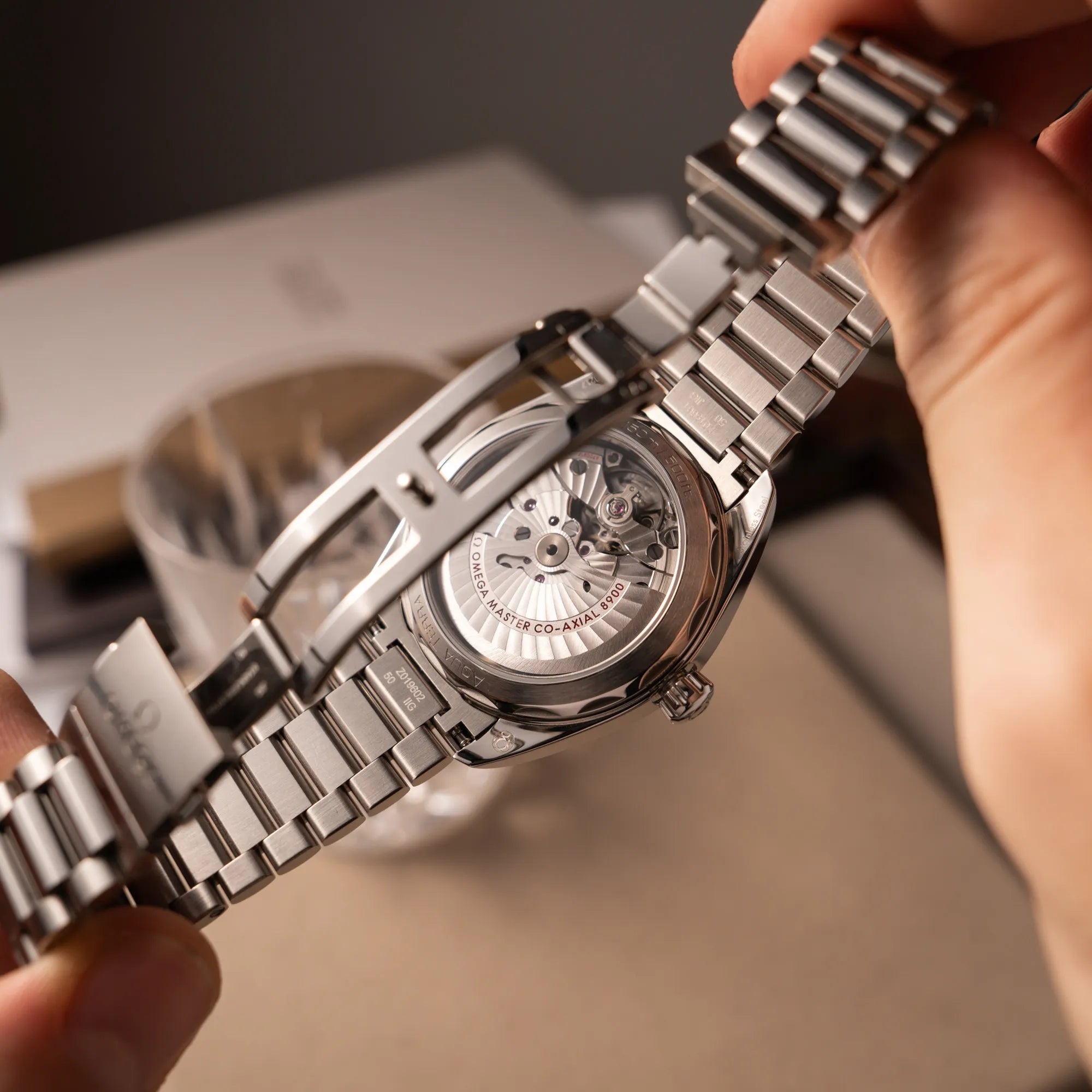 Mann hält die Omega Seamaster Aqua Terra Co-Axial der Referenz 220.10.41.21.01.002 mit schwarz lackiertem Zifferblatt in seiner Hand und zeigt den Gehäuseboden