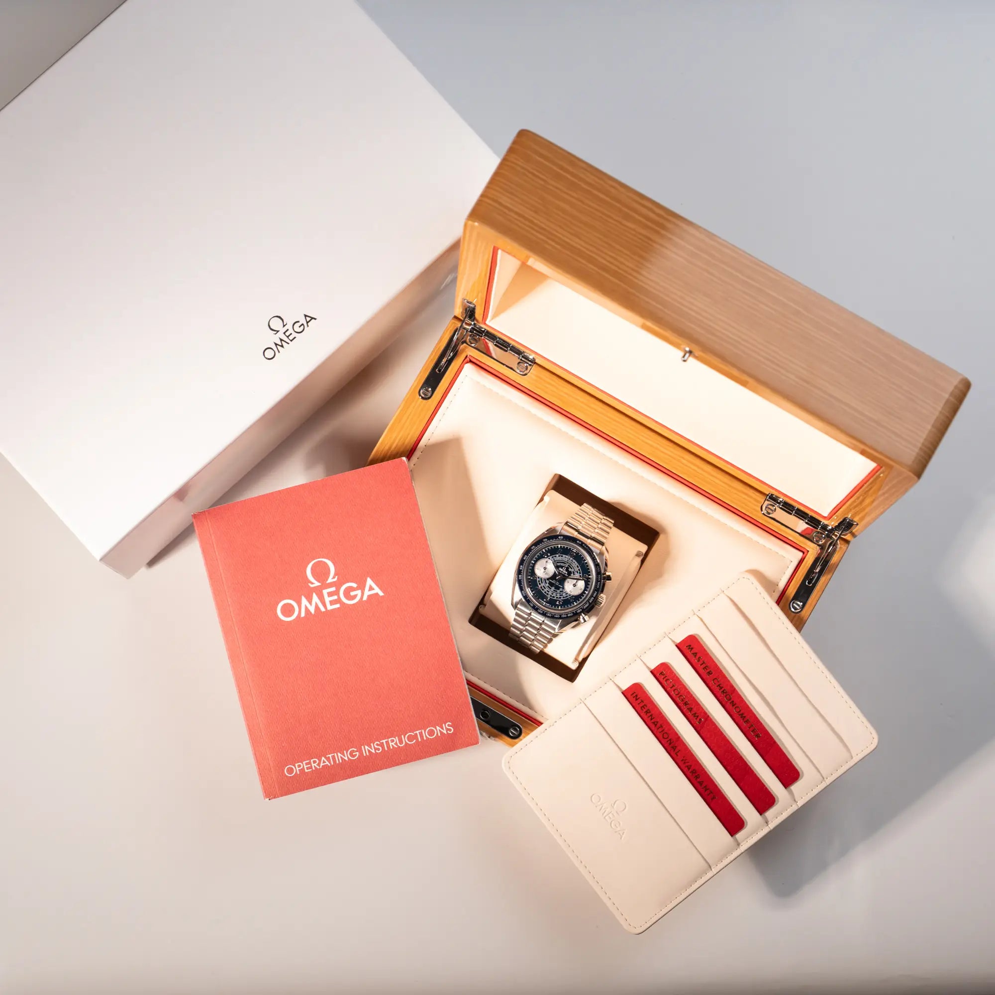Omega Speedmaster Chronoscope aus Edelstahl mit blauem Zifferblatt und Pulsometerskala, sowie Telemeterskala zusammen mit dem Lieferumfang, betsehend aus Box, Umkarton, Garantiekarte, Bedienungsnaleitung