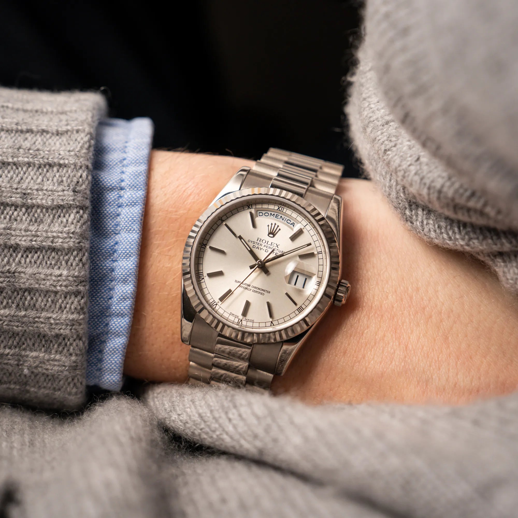 Wristshot mit der Rolex Day-Date 36 der Referenz 118239 in 750er Weißgold gefertigt mit dem klassischen President-Armband