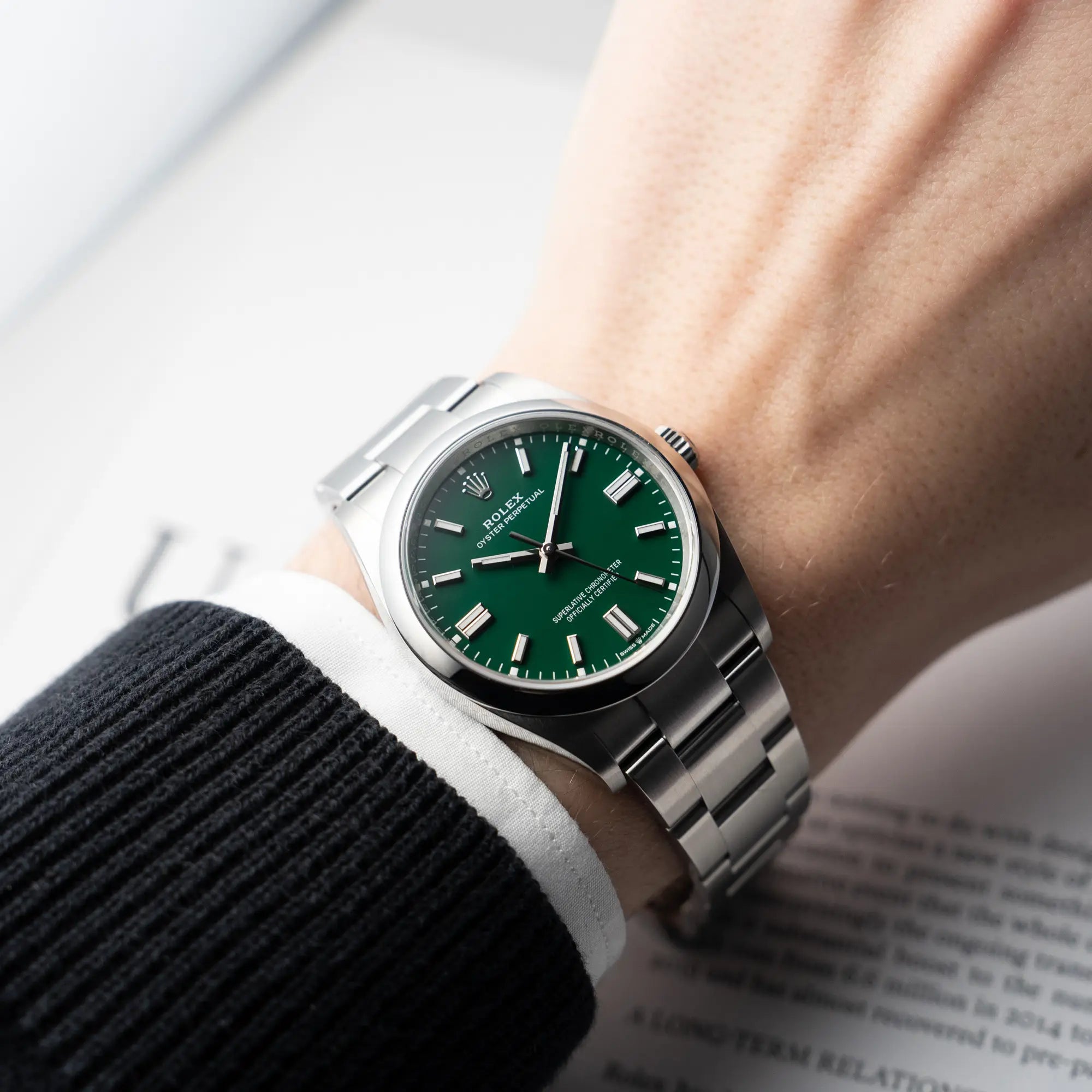 Wristshot mit der Rolex Oyster Perpetual in 36mm mit dem grünen Zifferblatt