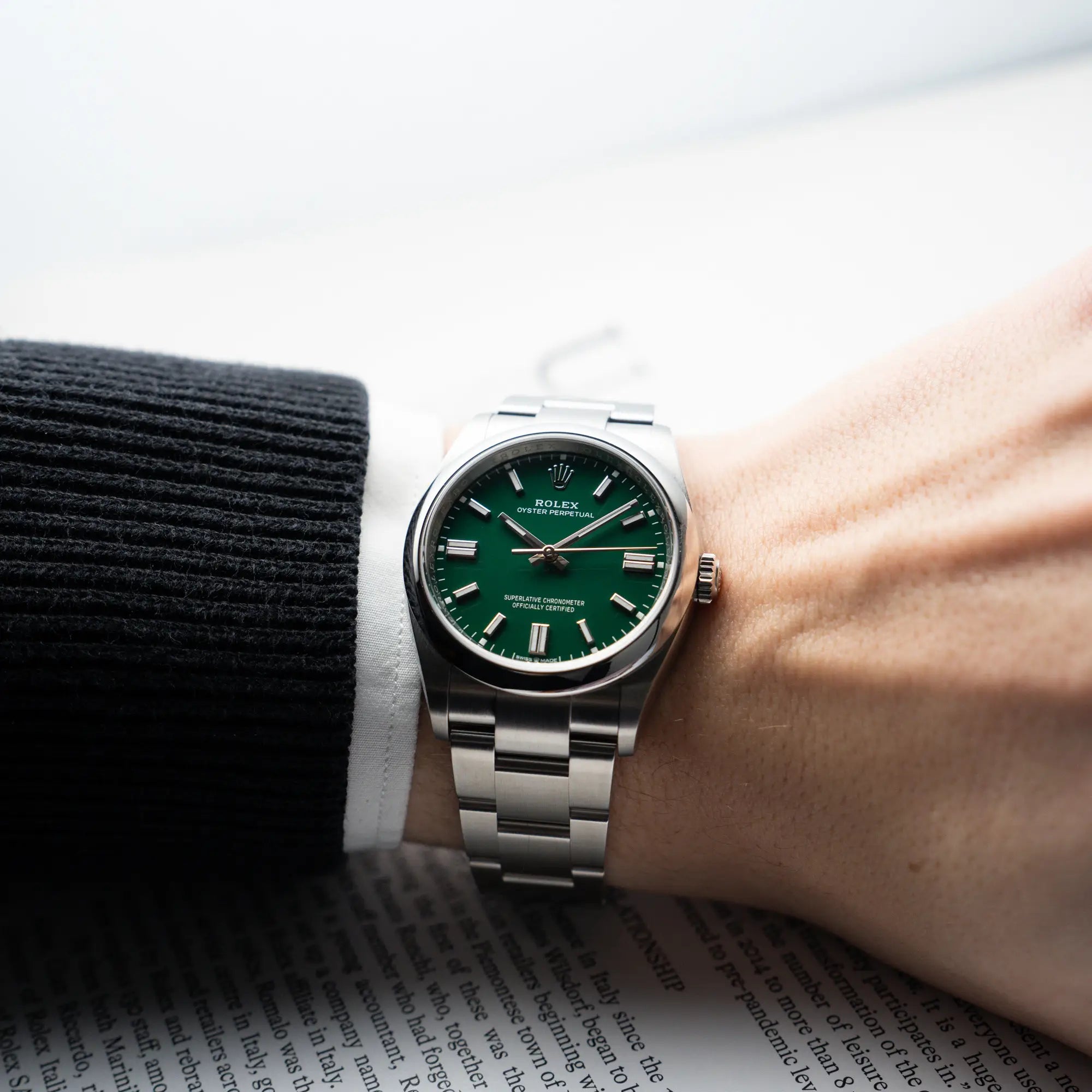 Wristshot mit der Rolex Oyster Perpetual in 36mm mit dem grünen Zifferblatt
