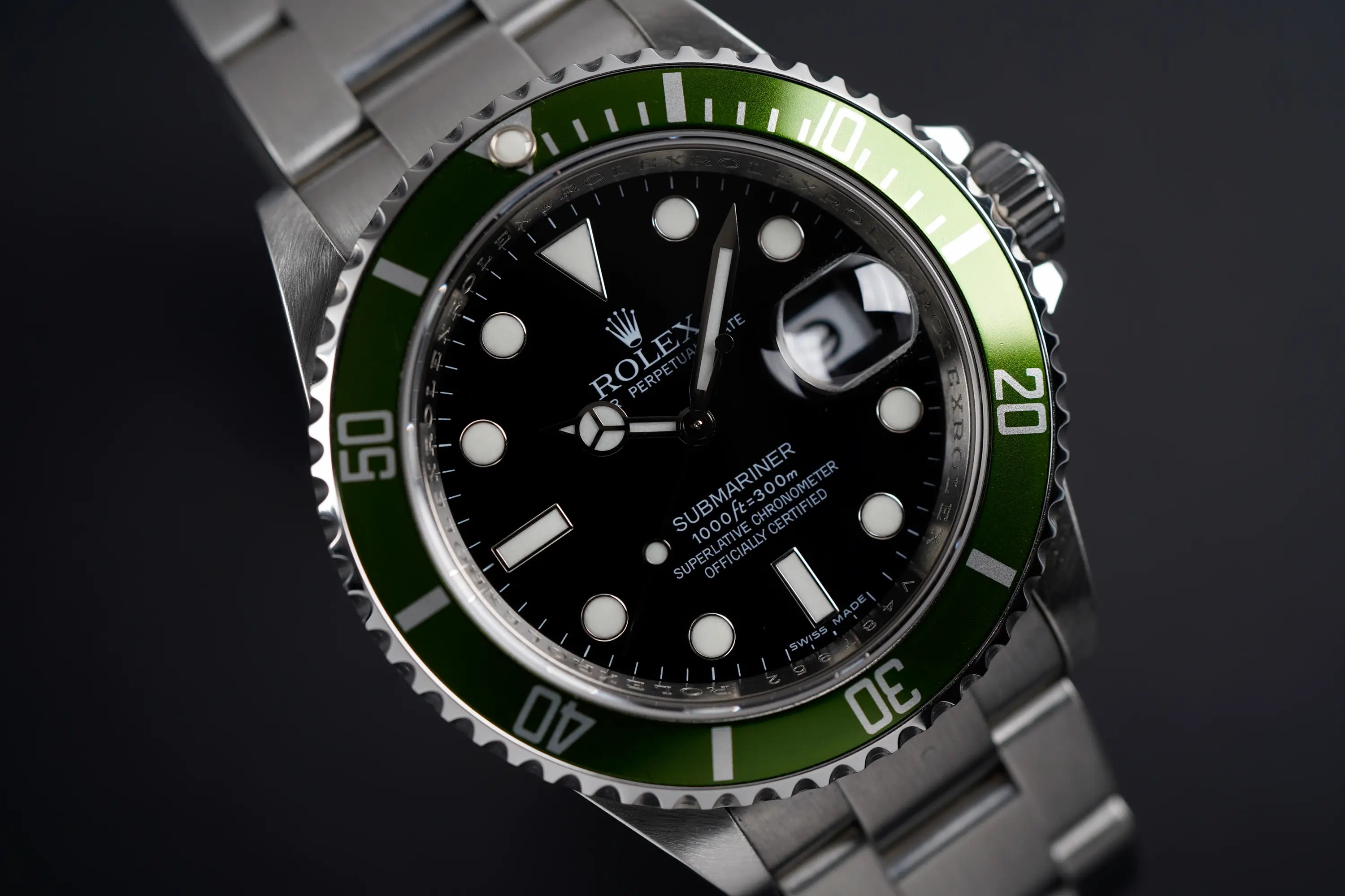 Rolex Submariner Kermit (Referenz 16610LV) mit grüner Lünette, Flat Four