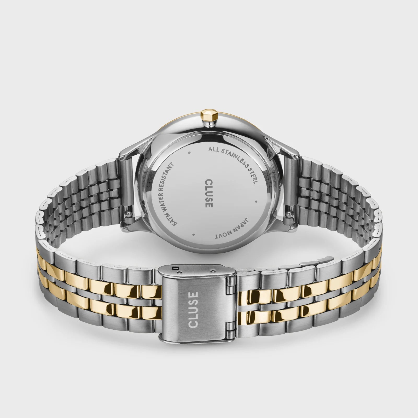 Gehäuseboden und Edelstahl-Armband der Cluse Stahl-Uhr "Minuit Multifunction" in Bicolor-Optik (Stahl-Gelbgold)
