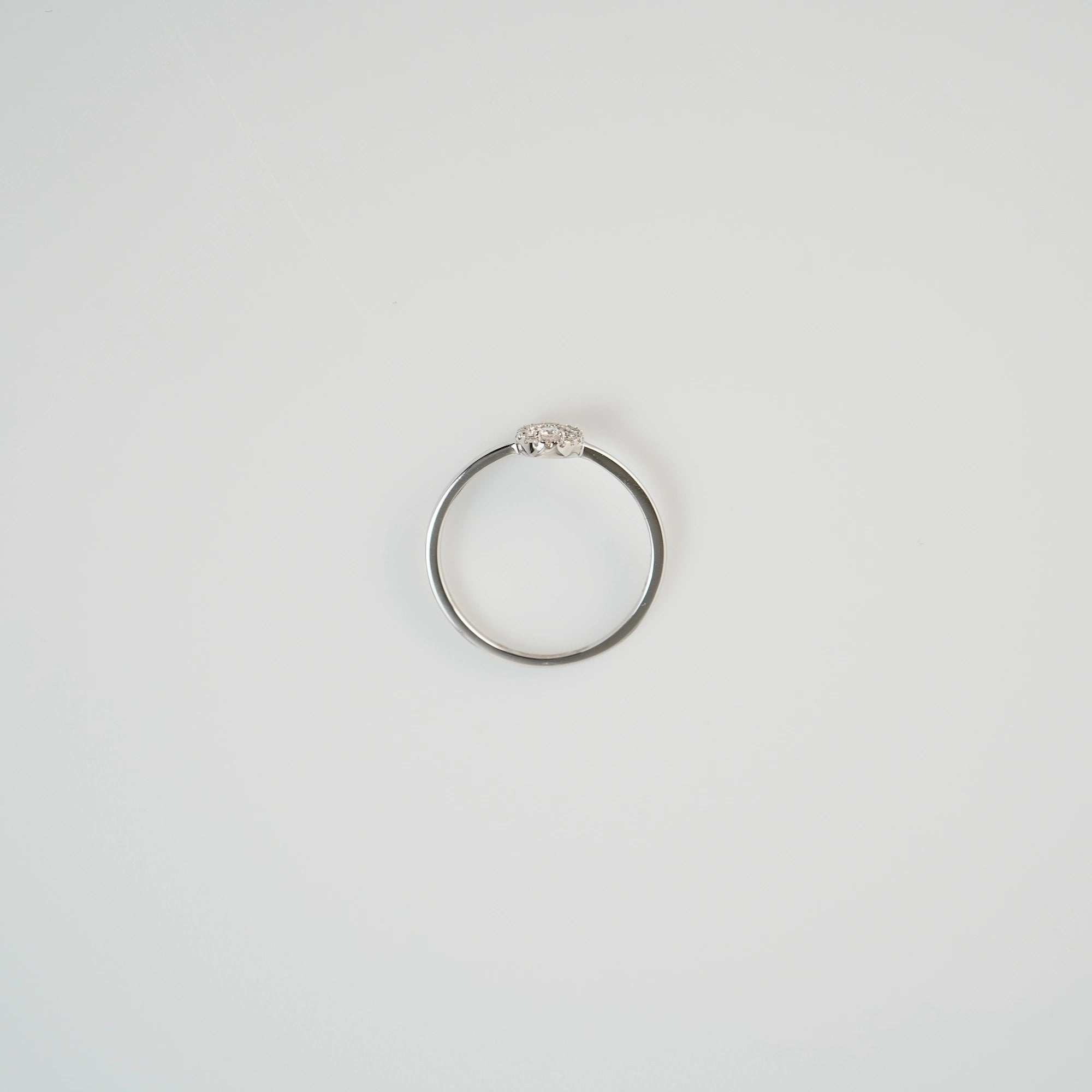 Seitliche Ansicht des "Fine Oval" Verlobungsrings aus Weißgold, der mit einem ovalen Diamantkranz verziert wurde